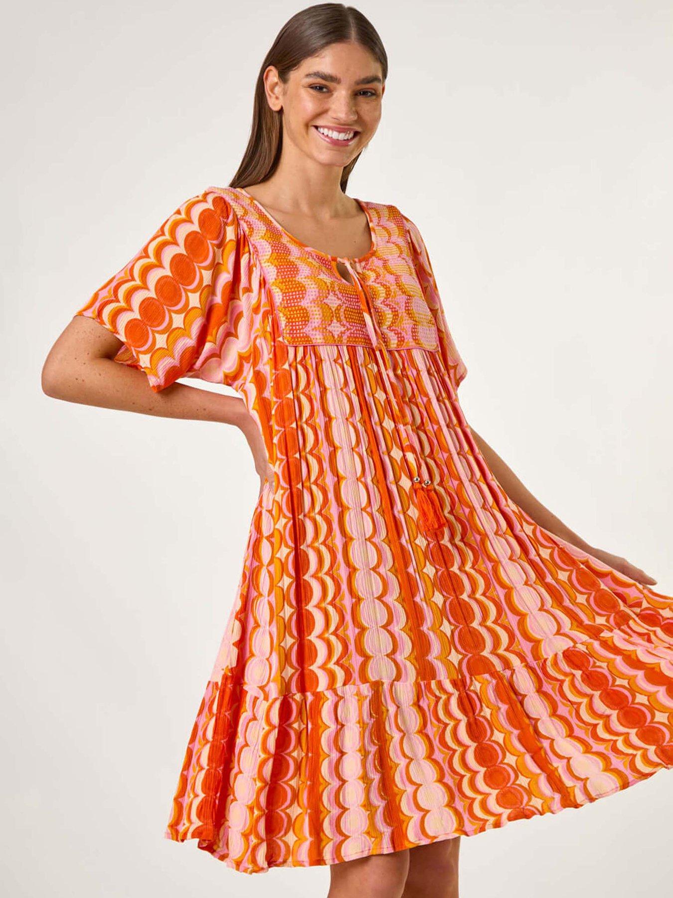 undefined Abstract Smocked Dress - Orange