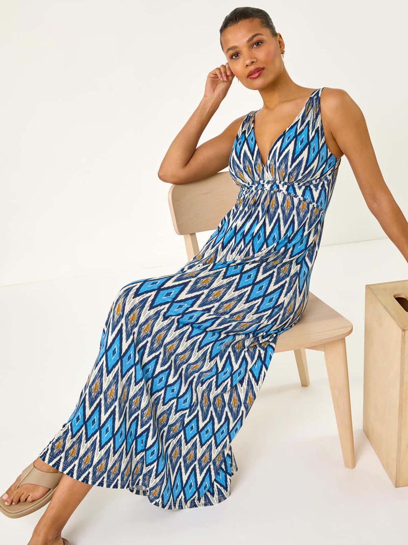 undefined Geometric V-neck Maxi Dress - Blue