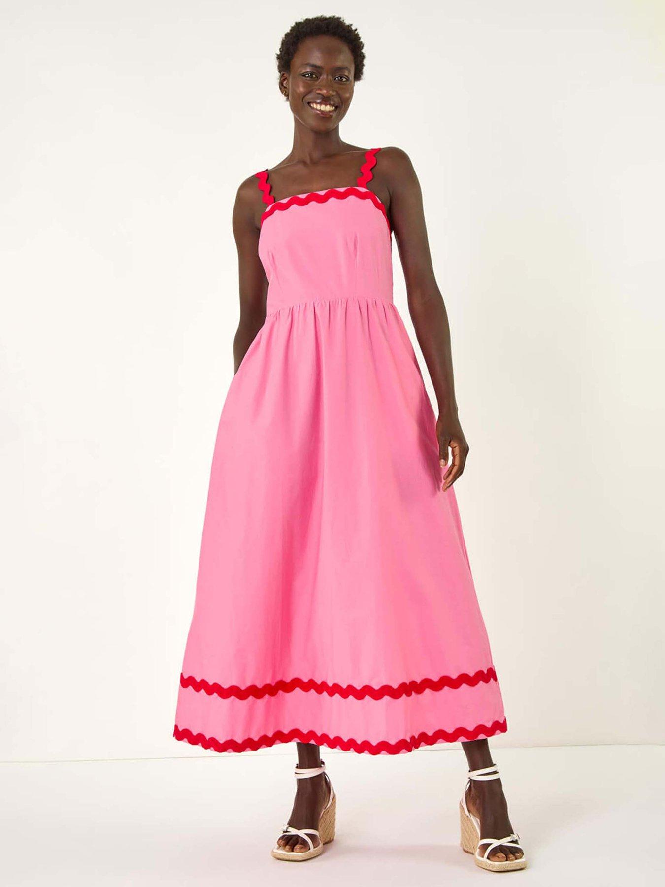 front image of roman-contrast-ric-rac-midi-dress-pink