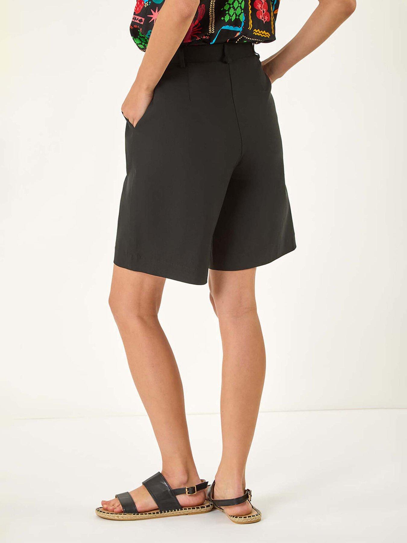Image 2 of 5 of Roman Elastic Waist Button Wide Leg Stretch Shorts - Black