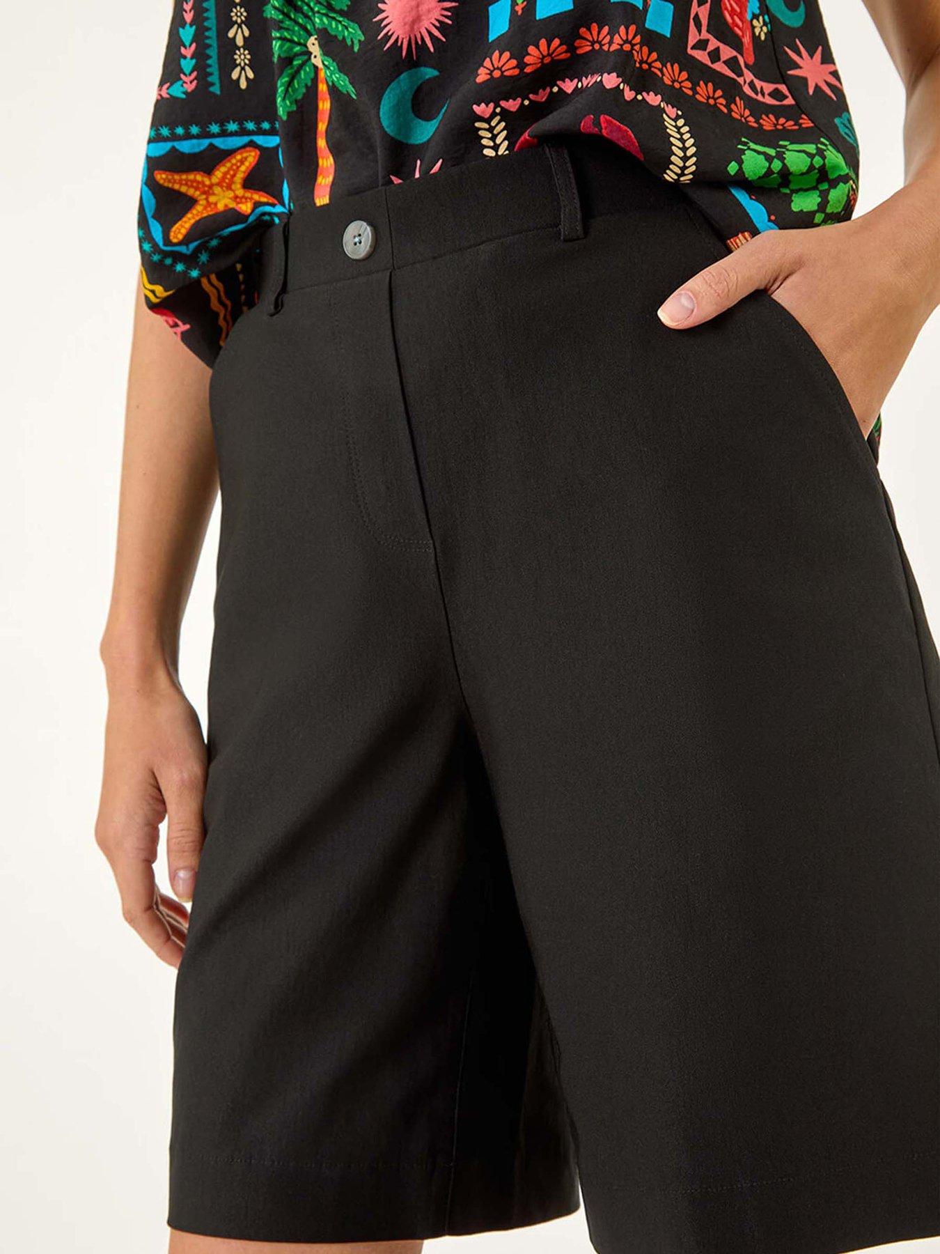 Image 5 of 5 of Roman Elastic Waist Button Wide Leg Stretch Shorts - Black
