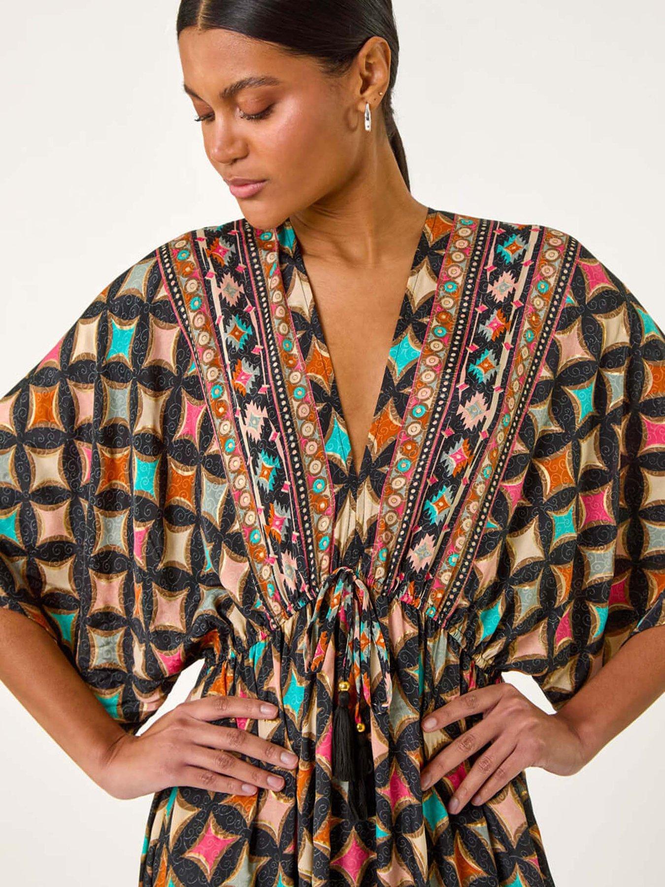 Image 4 of 5 of Roman Geo Print V-neck Frill Maxi Dress - Black
