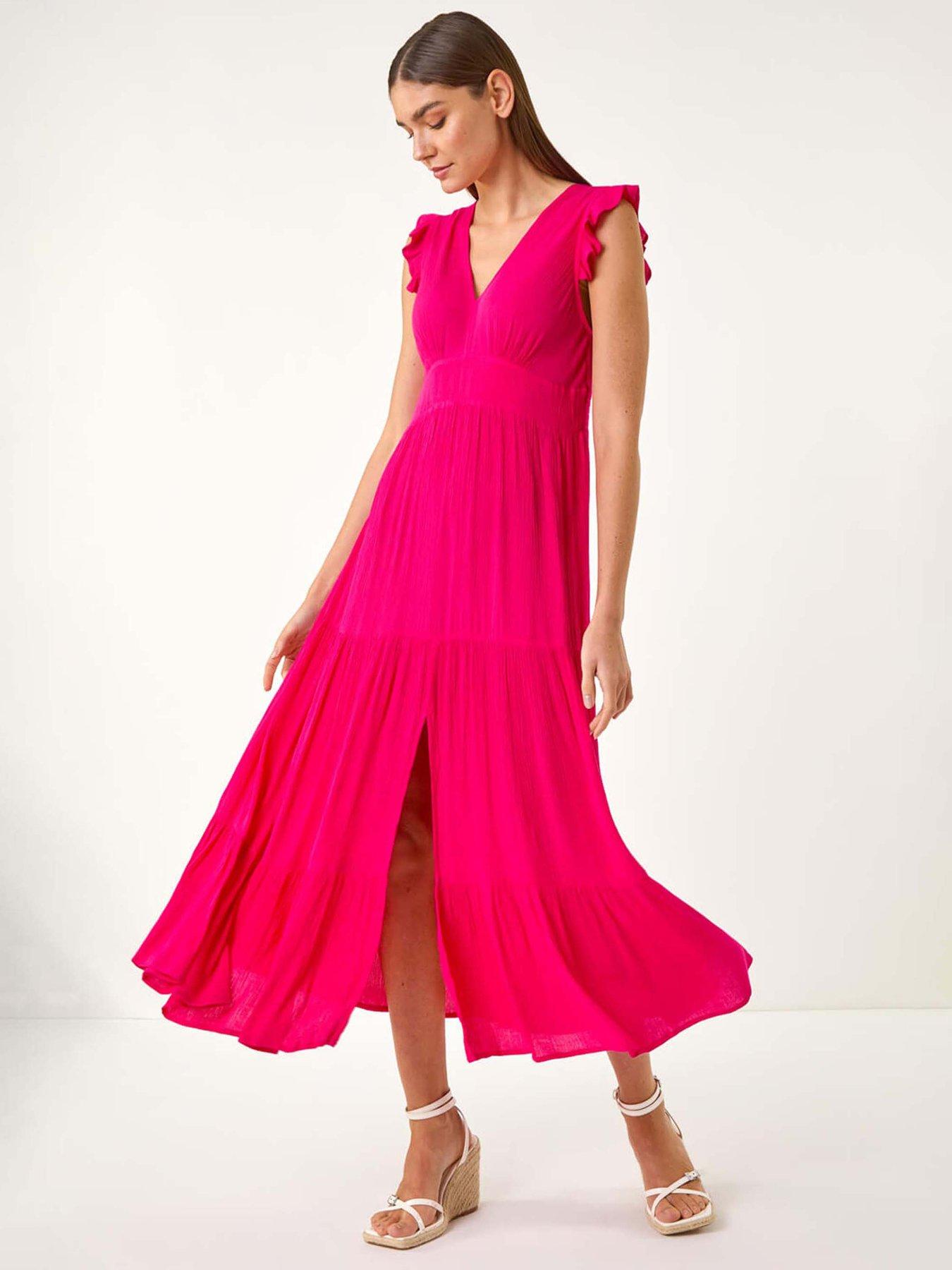 undefined Crinkle Tiered Frill Maxi Dress - Pink