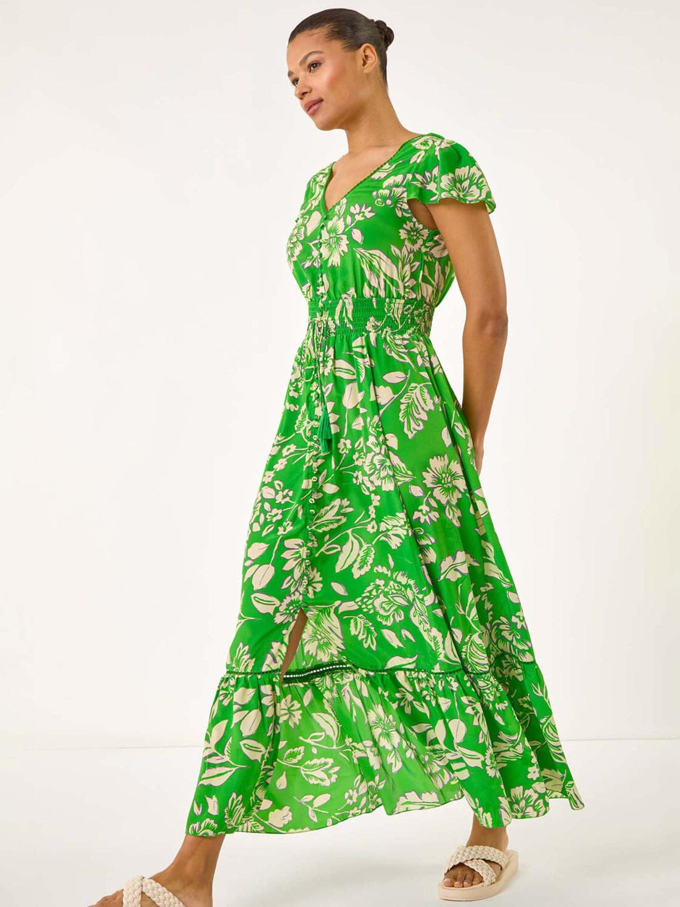 undefined Floral Frill Maxi Dress - Green