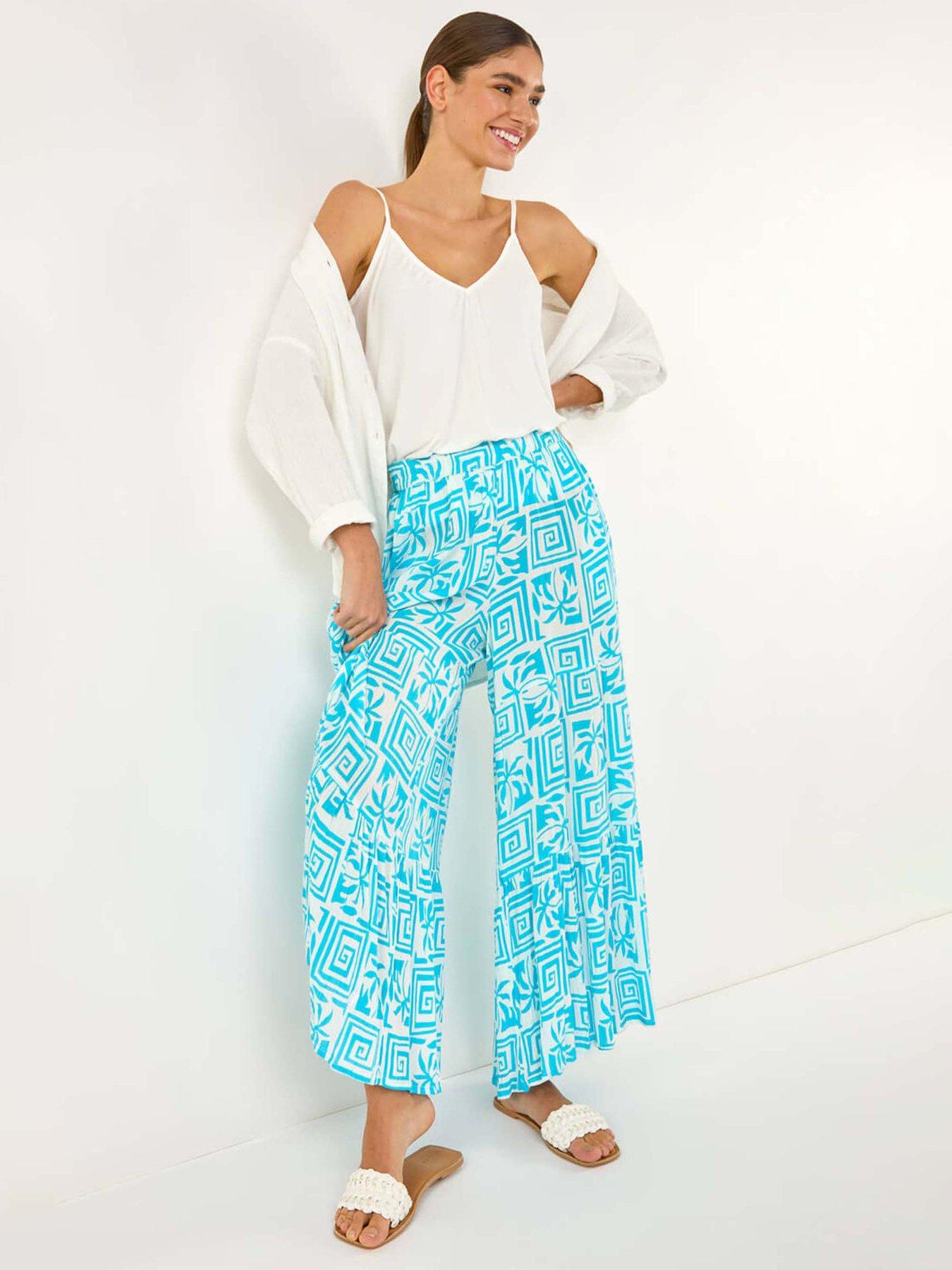 undefined Palm Tile Print Tiered Palazzo Trouser - Blue