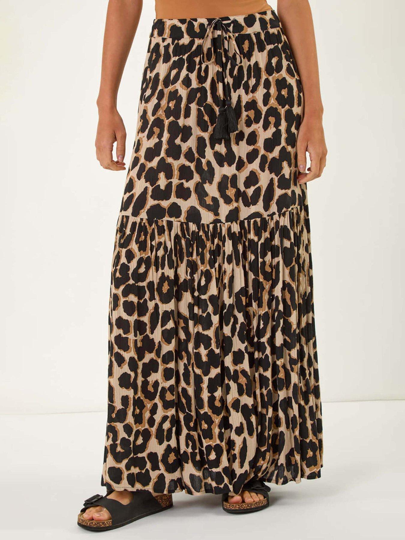 undefined Animal Print Tiered Maxi Skirt - Beige