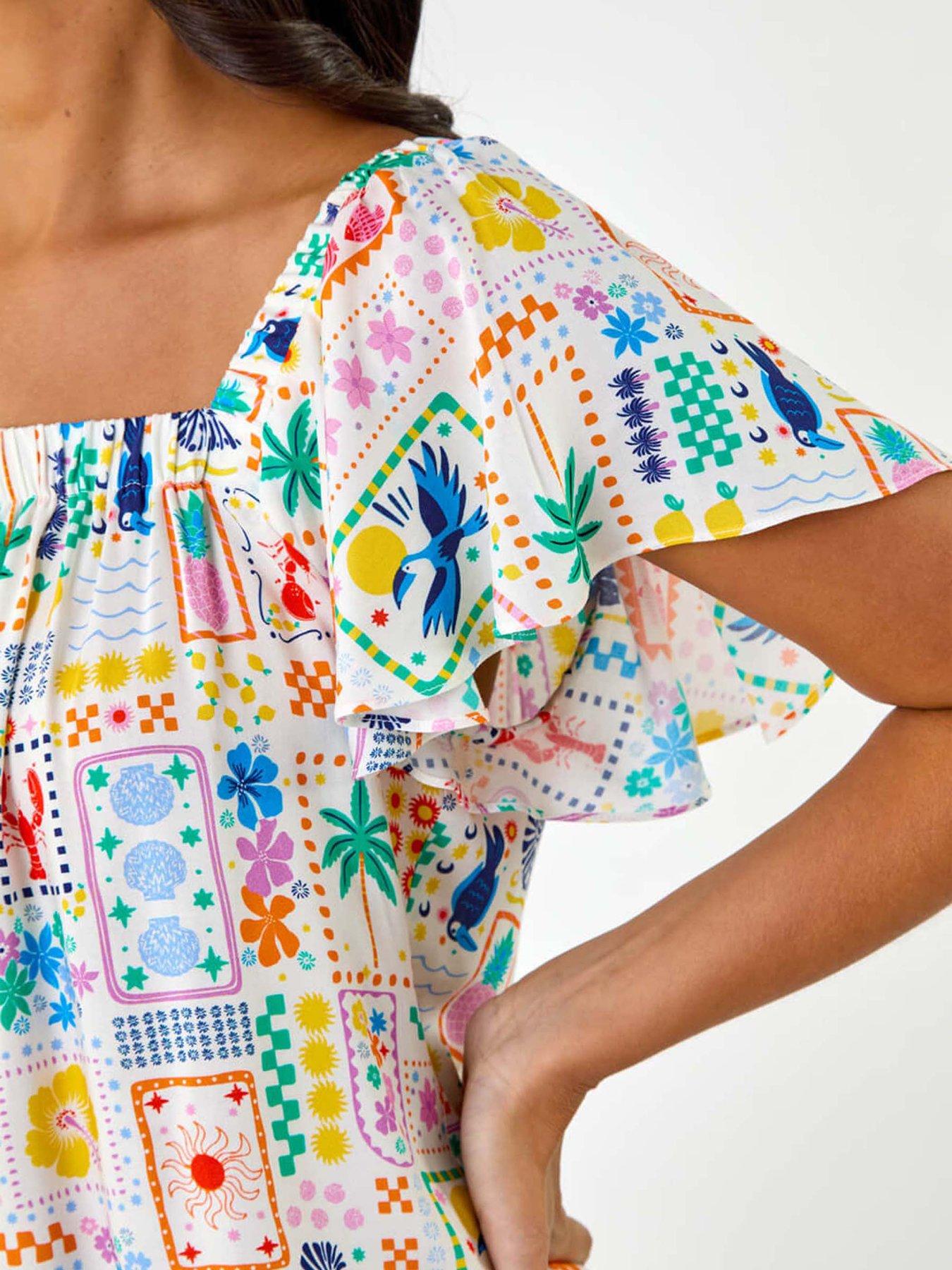 Image 4 of 5 of Roman Patchwork Palm Ruffle Top - Multi