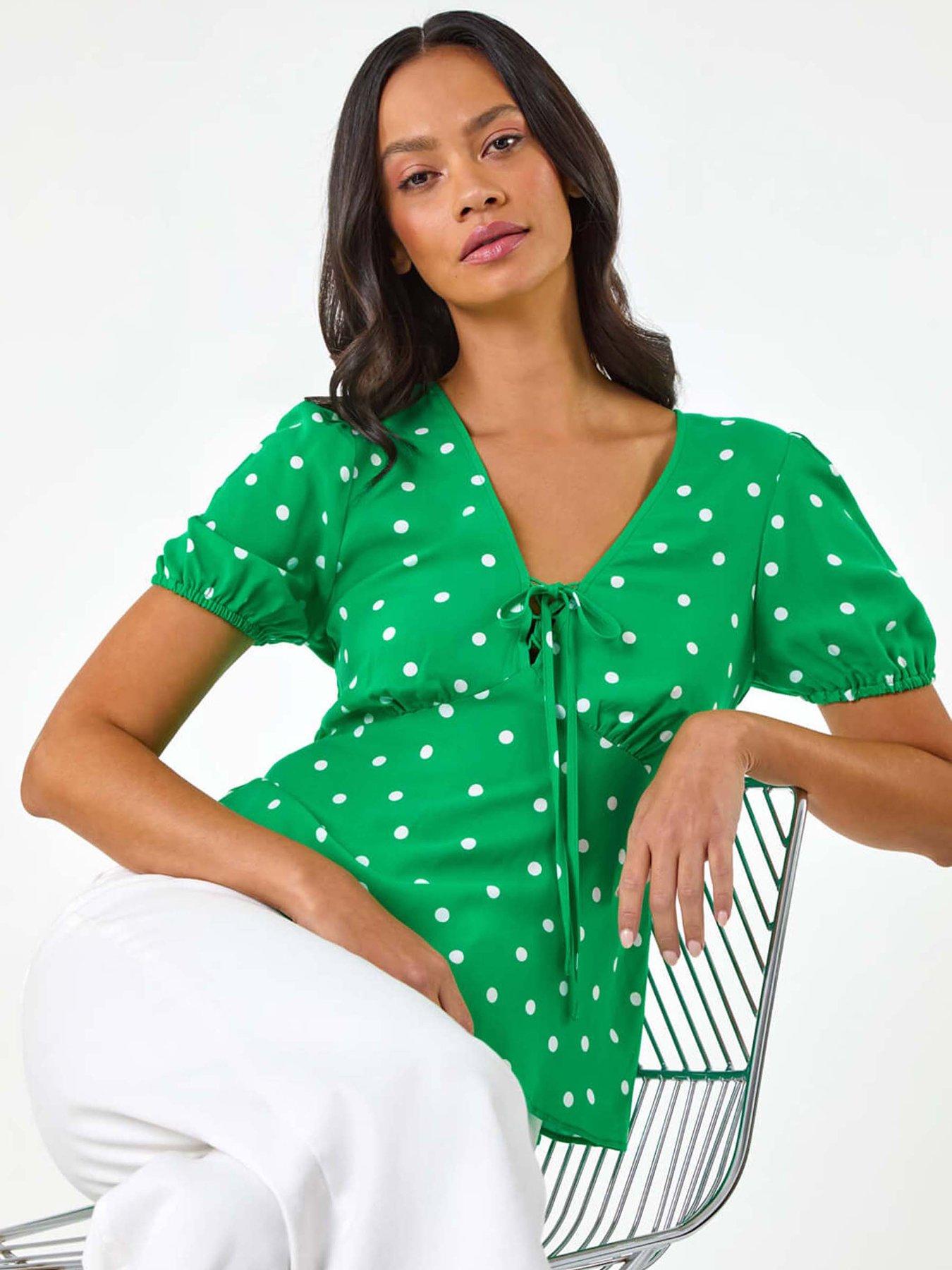 undefined Dusk Spot Print Tie Front Top - Green