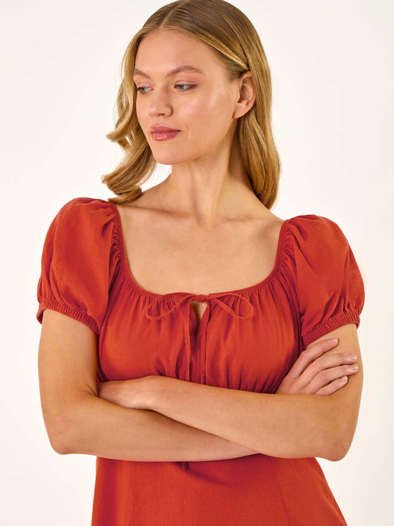 Image 4 of 5 of Roman Puff Sleeve Linen Mix Midi Dress - Orange
