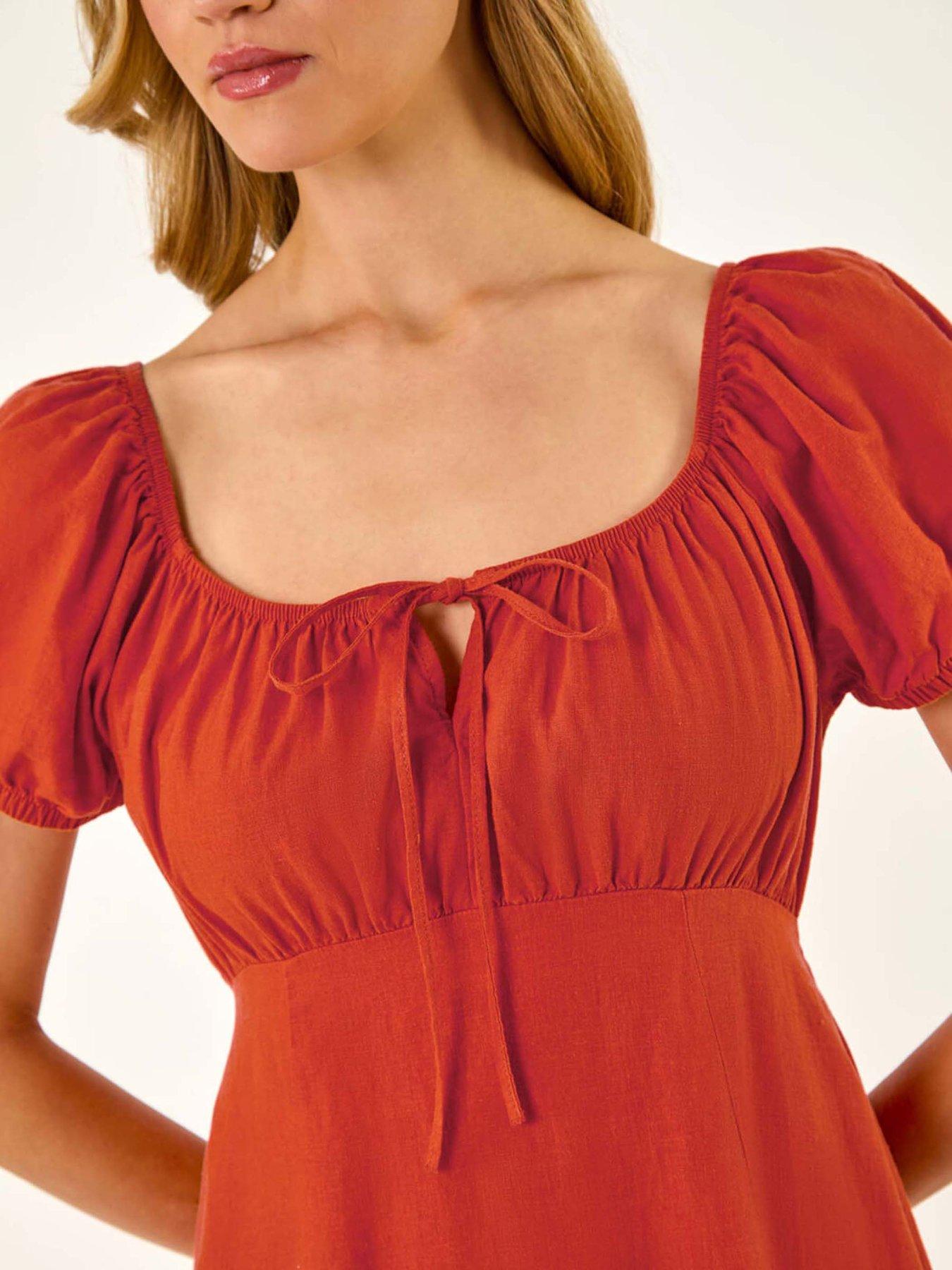 Image 5 of 5 of Roman Puff Sleeve Linen Mix Midi Dress - Orange