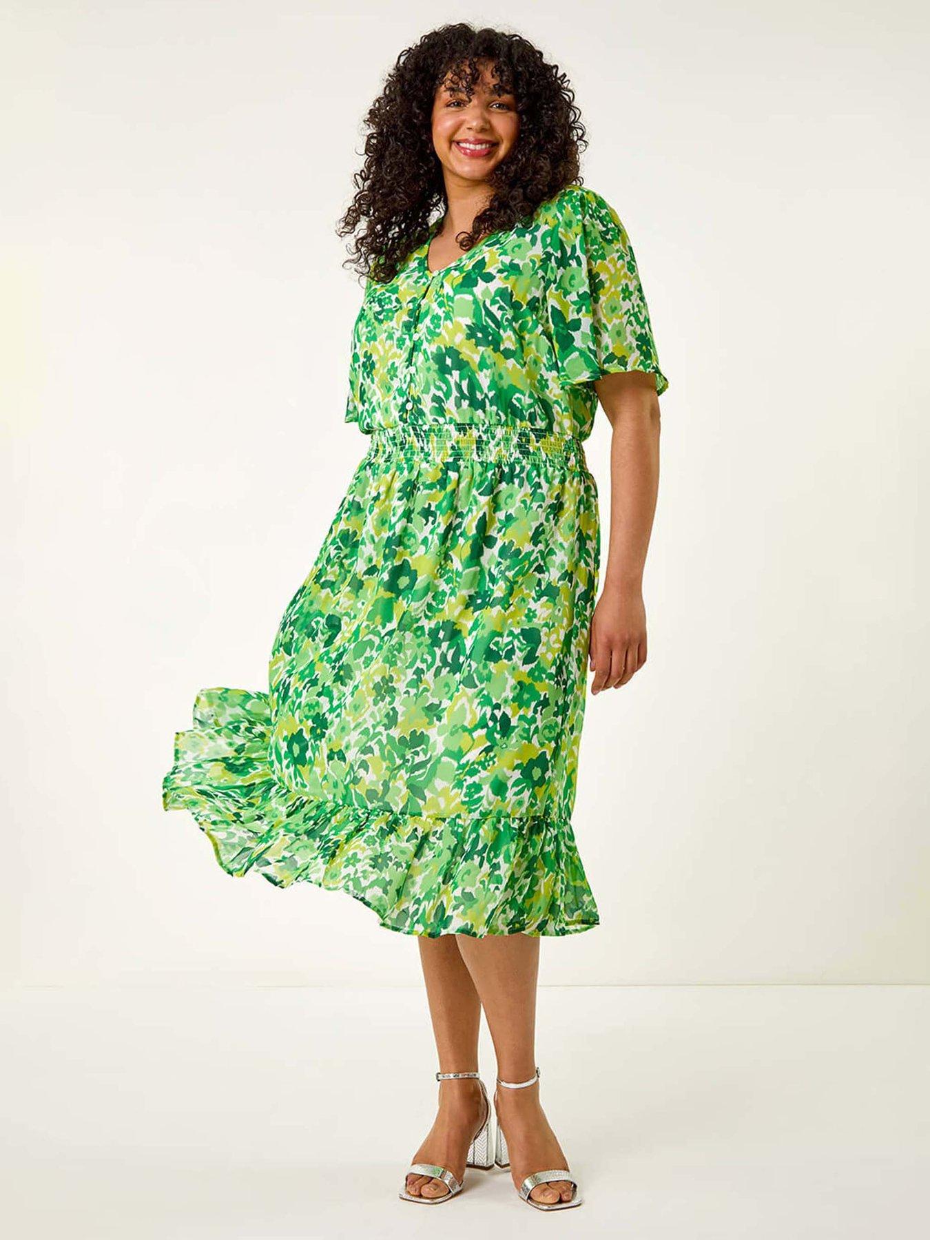Image 1 of 5 of Roman Curve Floral Button Detail Midi Dress - Green