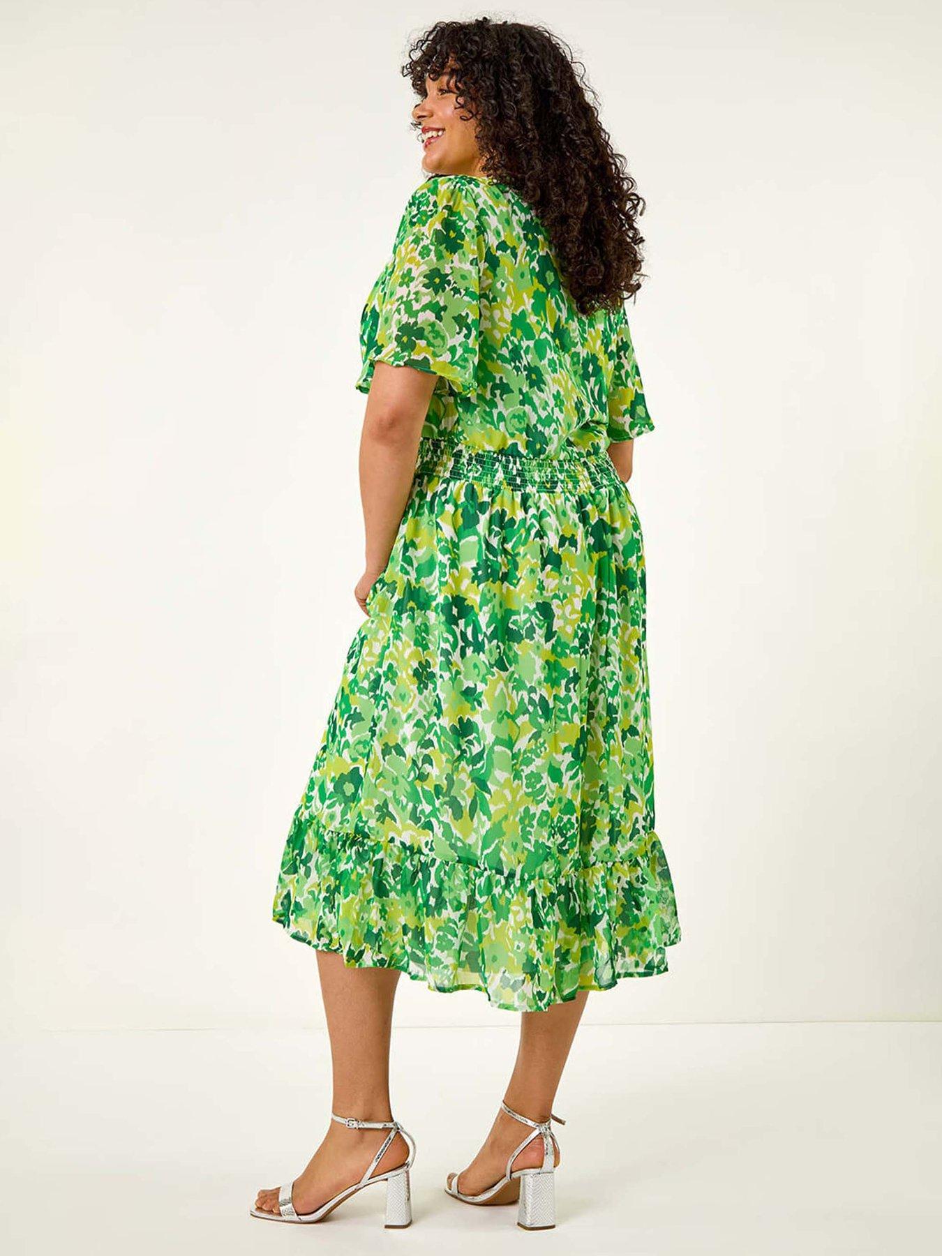 Image 2 of 5 of Roman Curve Floral Button Detail Midi Dress - Green
