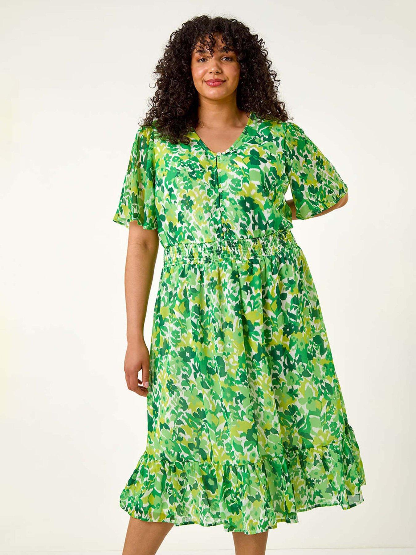 Image 3 of 5 of Roman Curve Floral Button Detail Midi Dress - Green