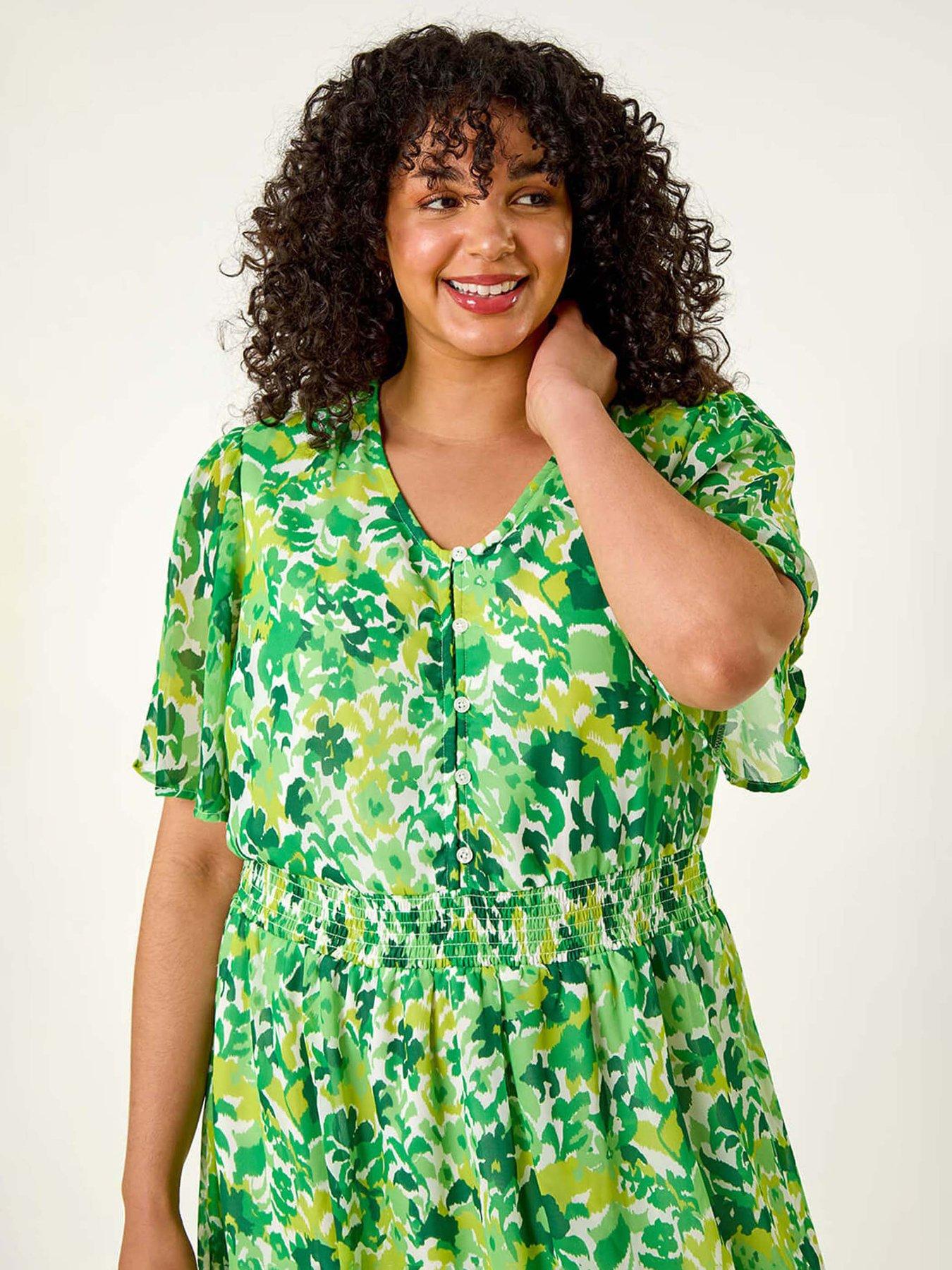 Image 4 of 5 of Roman Curve Floral Button Detail Midi Dress - Green