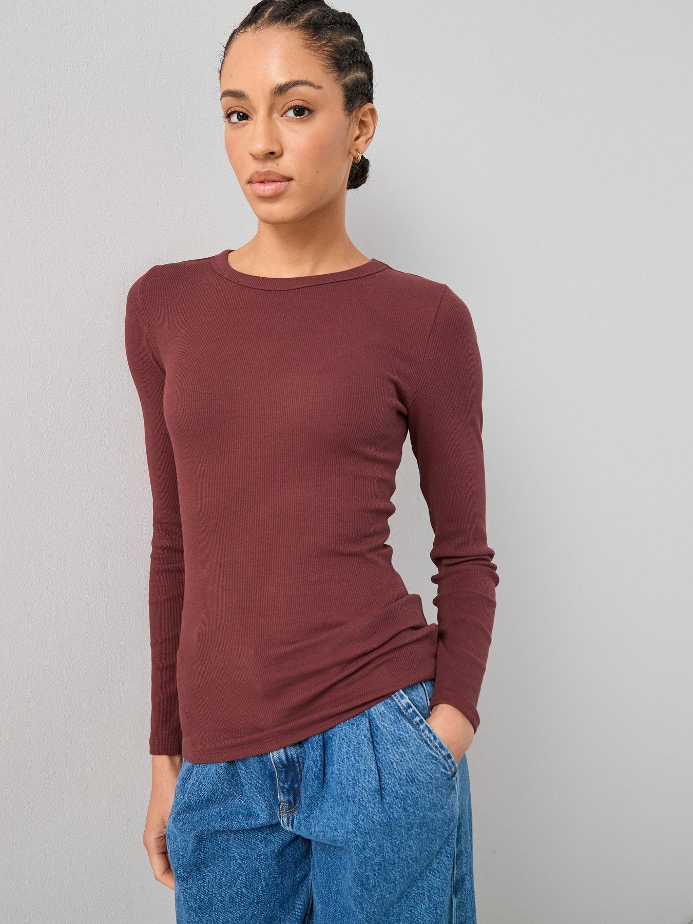 front image of the-very-collection-rib-crew-neck-long-sleeve-top-brown