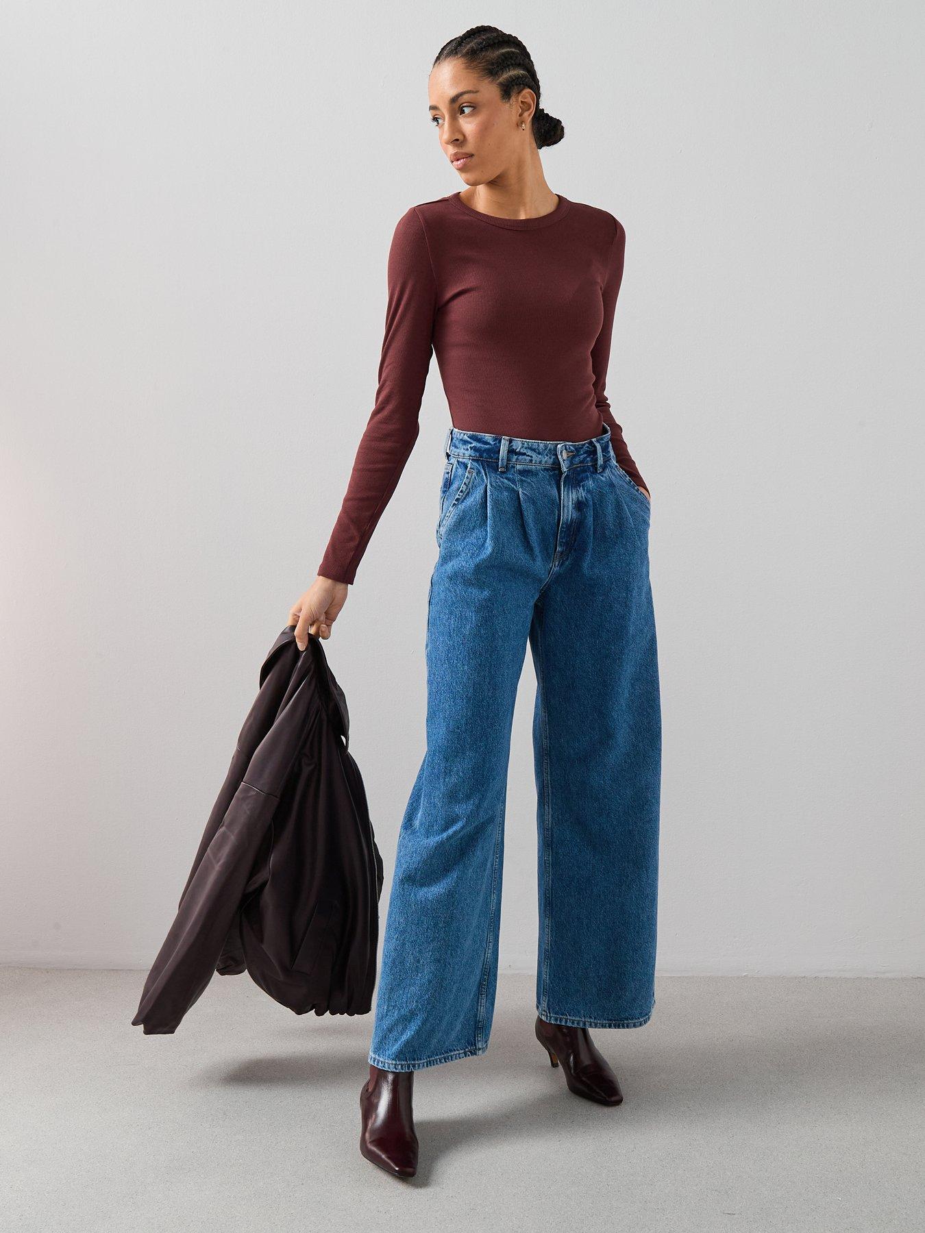  image of the-very-collection-rib-crew-neck-long-sleeve-top-brown