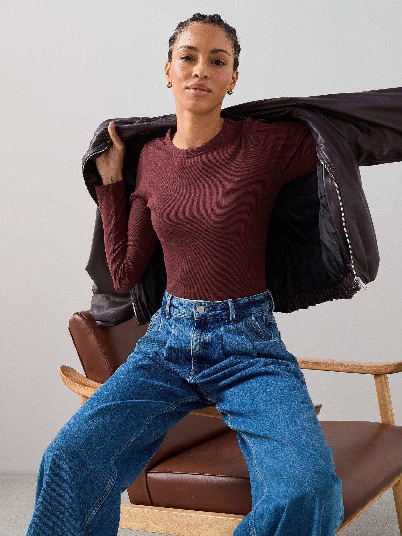  image of the-very-collection-rib-crew-neck-long-sleeve-top-brown