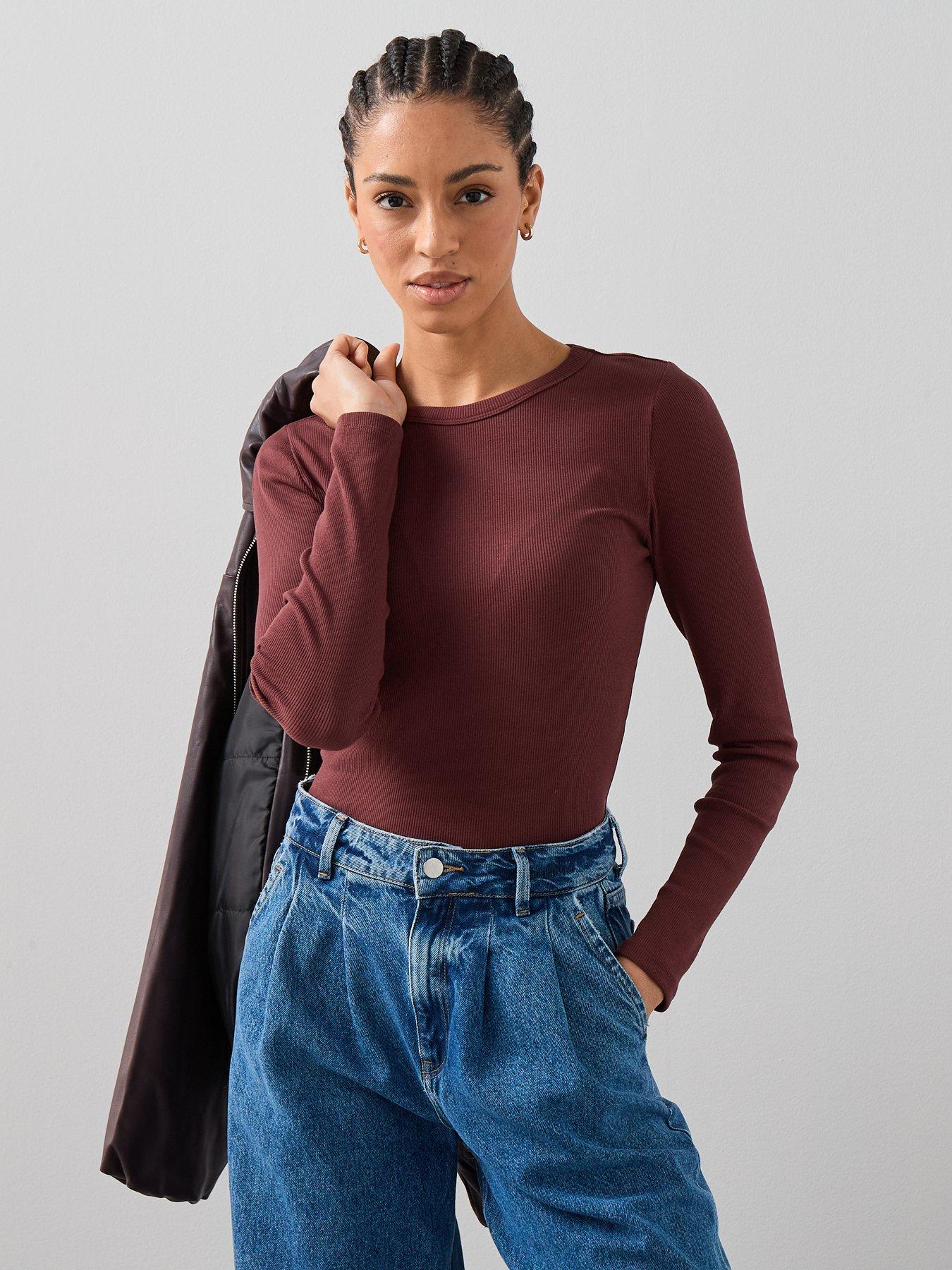 image of the-very-collection-rib-crew-neck-long-sleeve-top-brown