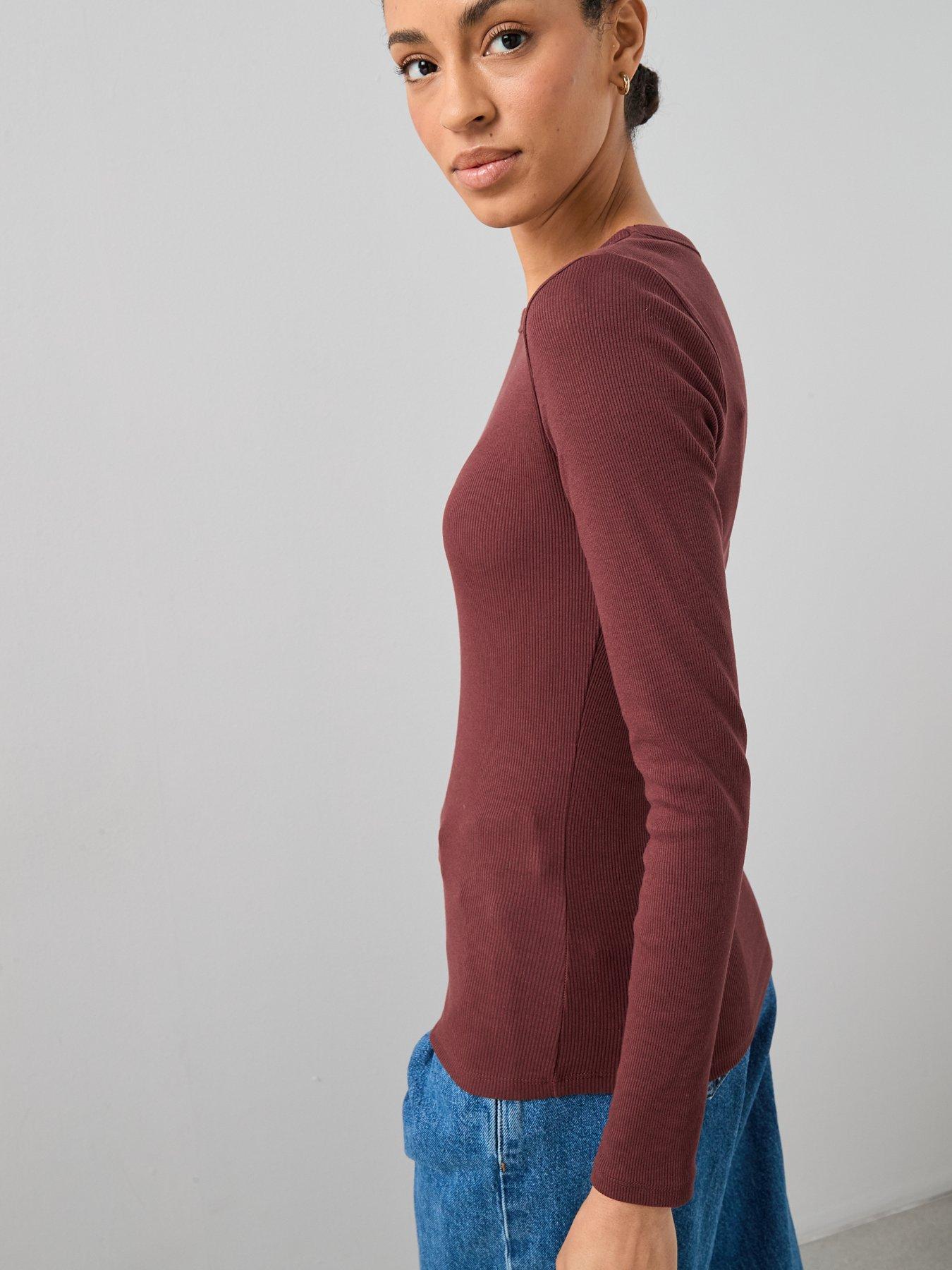  image of the-very-collection-rib-crew-neck-long-sleeve-top-brown