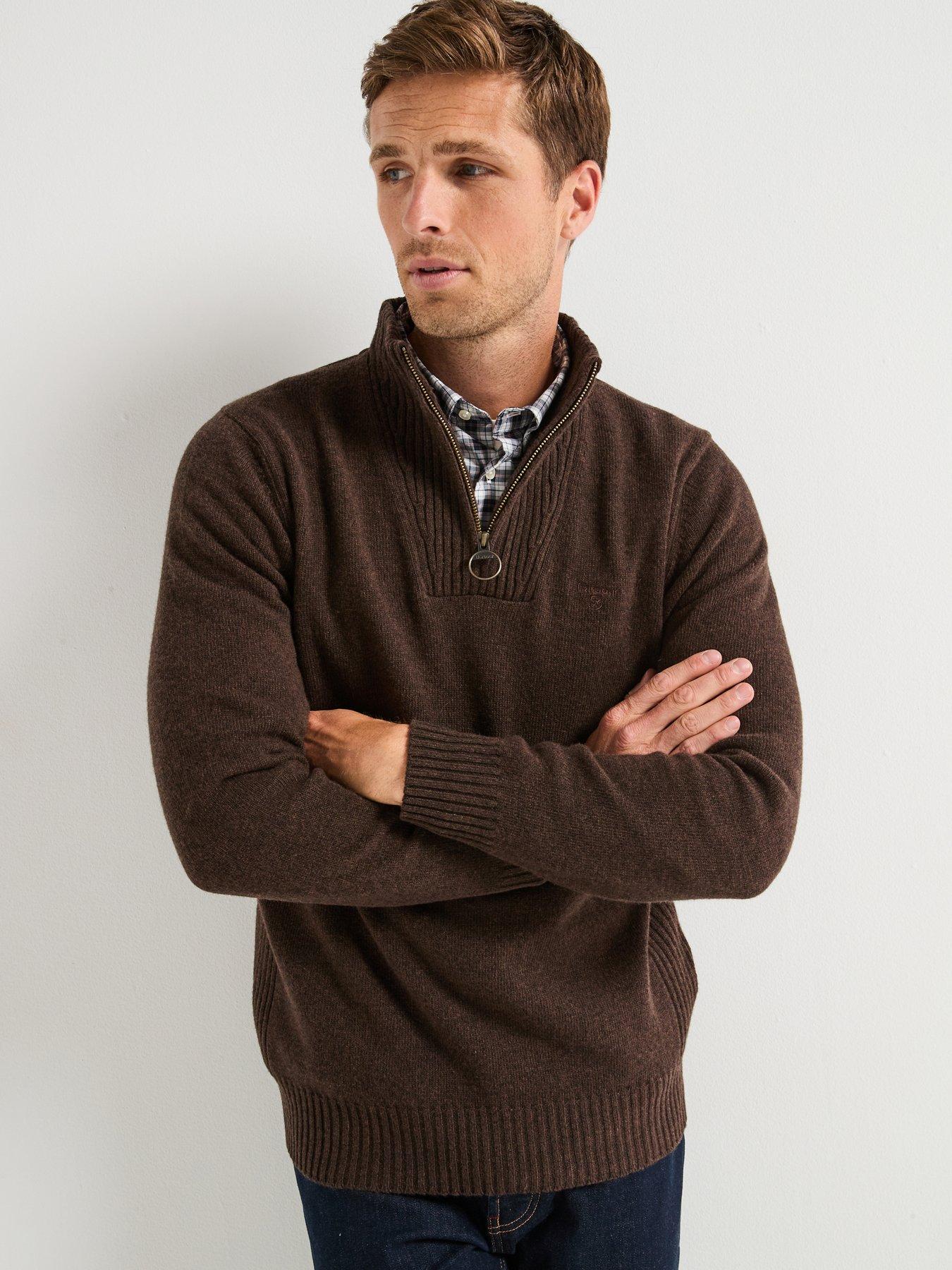 image of barbour-essential-lambswool-14-zip-knitted-jumper-brown