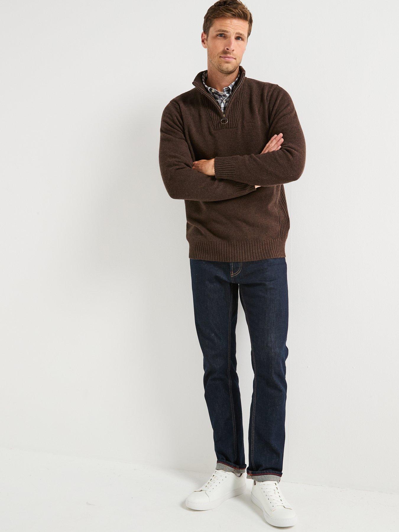  image of barbour-essential-lambswool-14-zip-knitted-jumper-brown