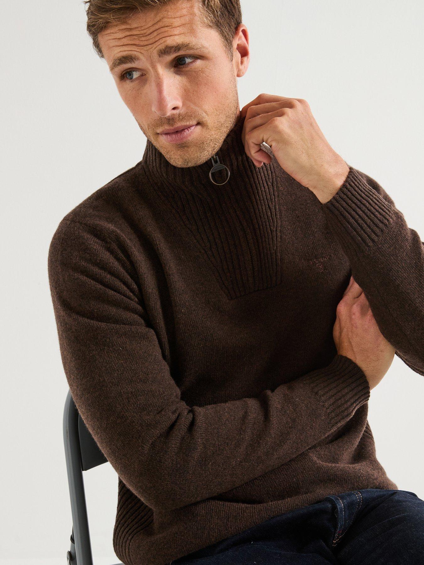  image of barbour-essential-lambswool-14-zip-knitted-jumper-brown