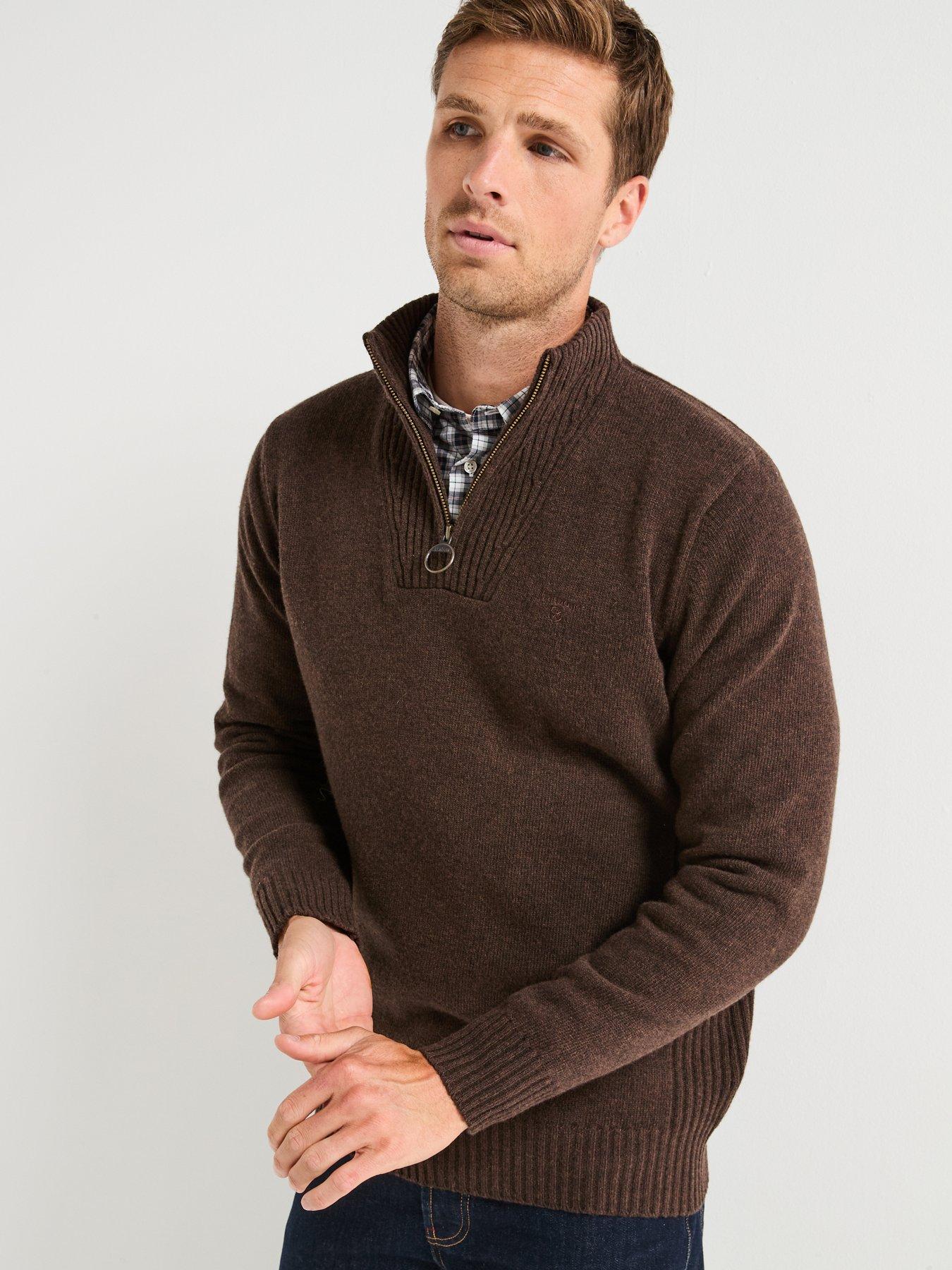  image of barbour-essential-lambswool-14-zip-knitted-jumper-brown