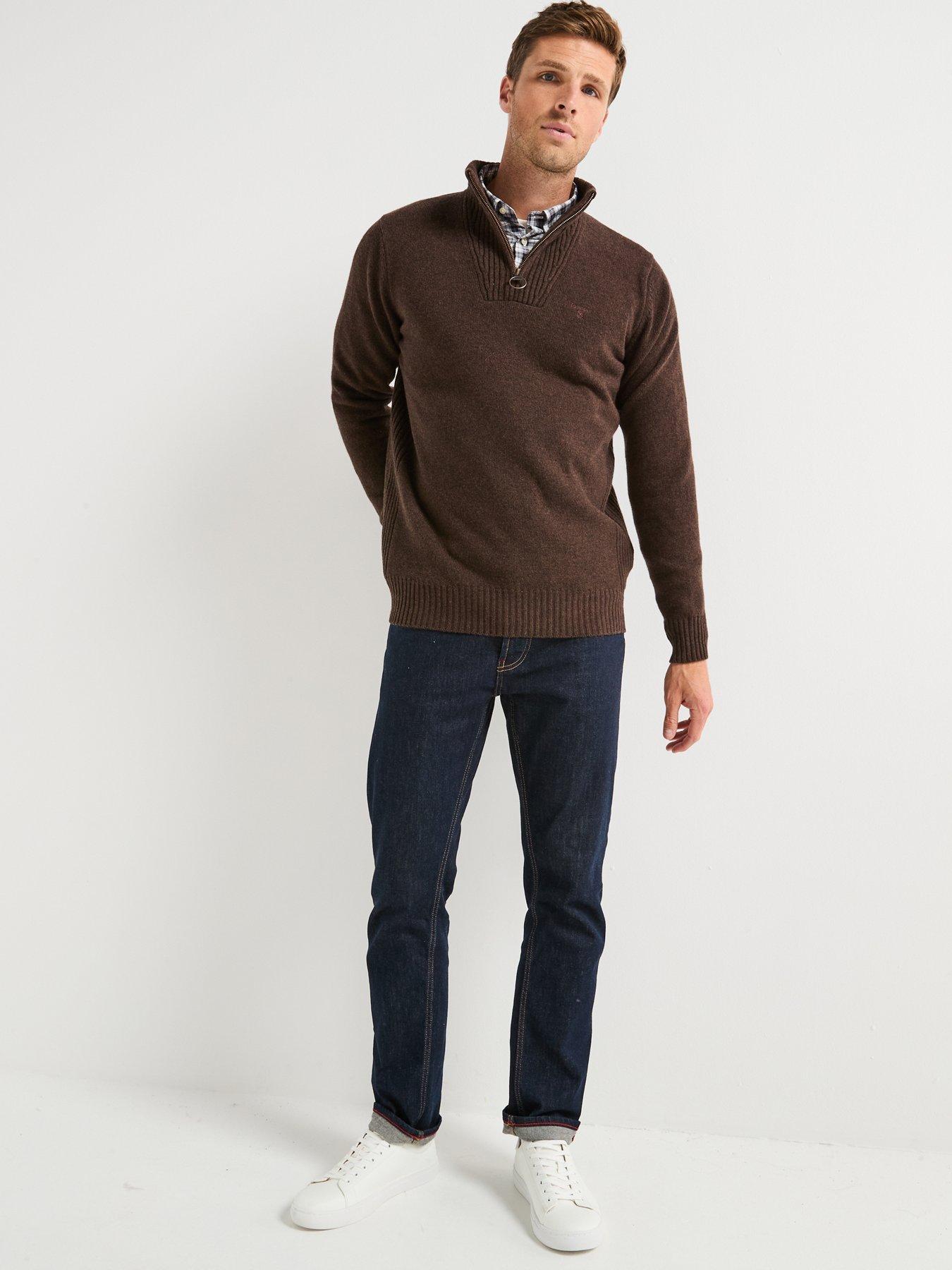  image of barbour-essential-lambswool-14-zip-knitted-jumper-brown