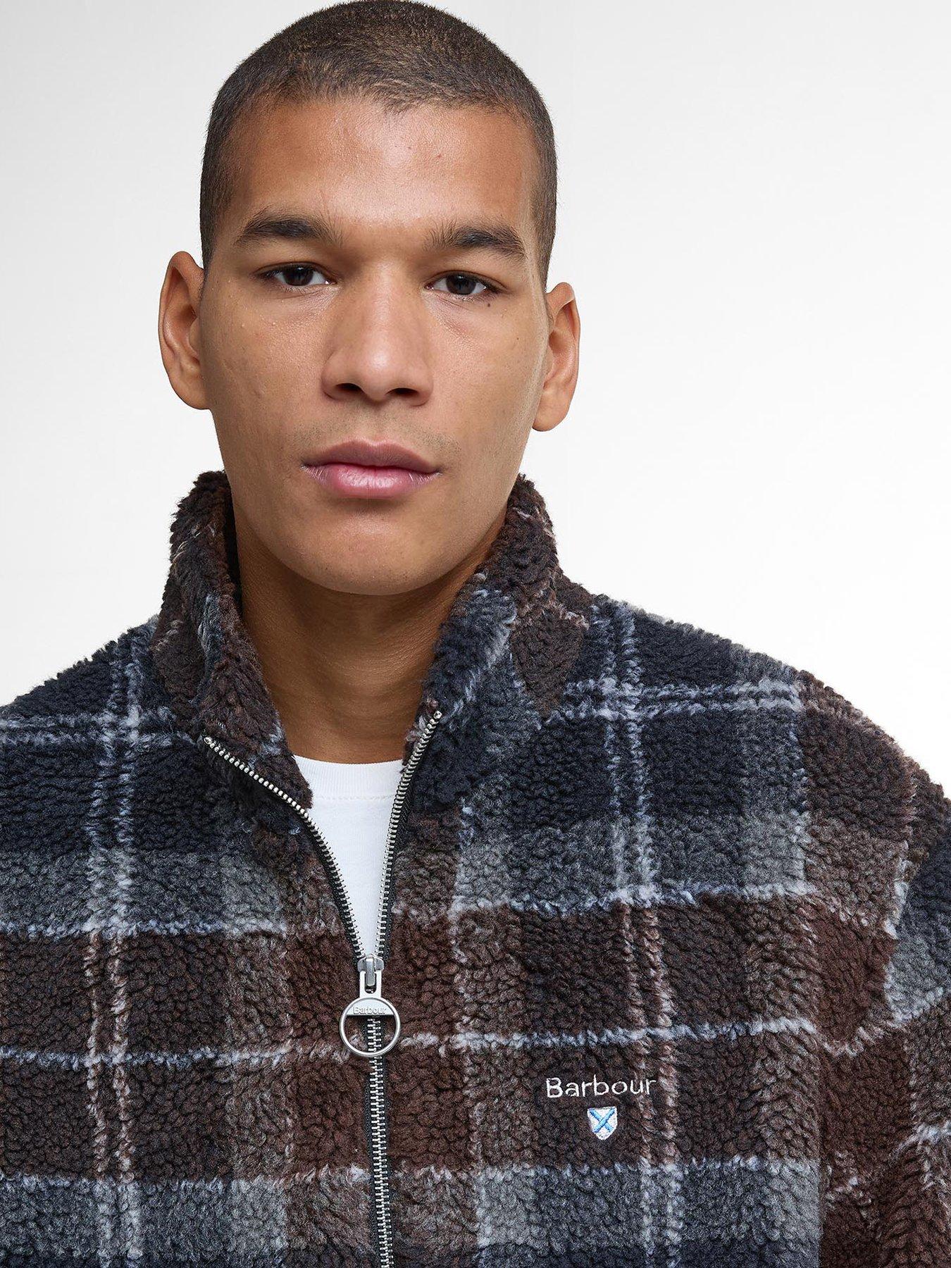  image of barbour-tartan-borg-fleece-zip-through-jacket-navy-multi