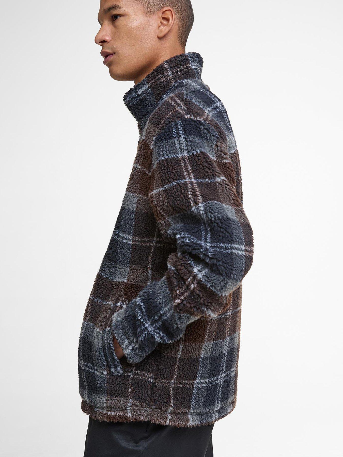  image of barbour-tartan-borg-fleece-zip-through-jacket-navy-multi