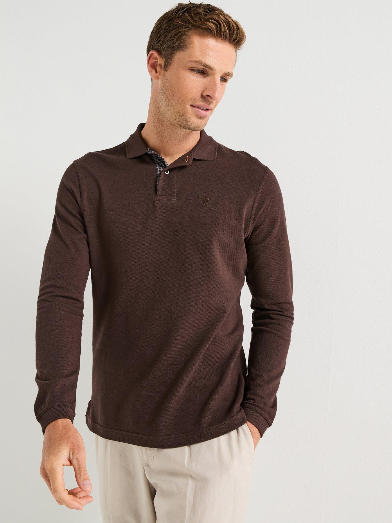 undefined Essential Sports Long Sleeve Polo Shirt- Brown