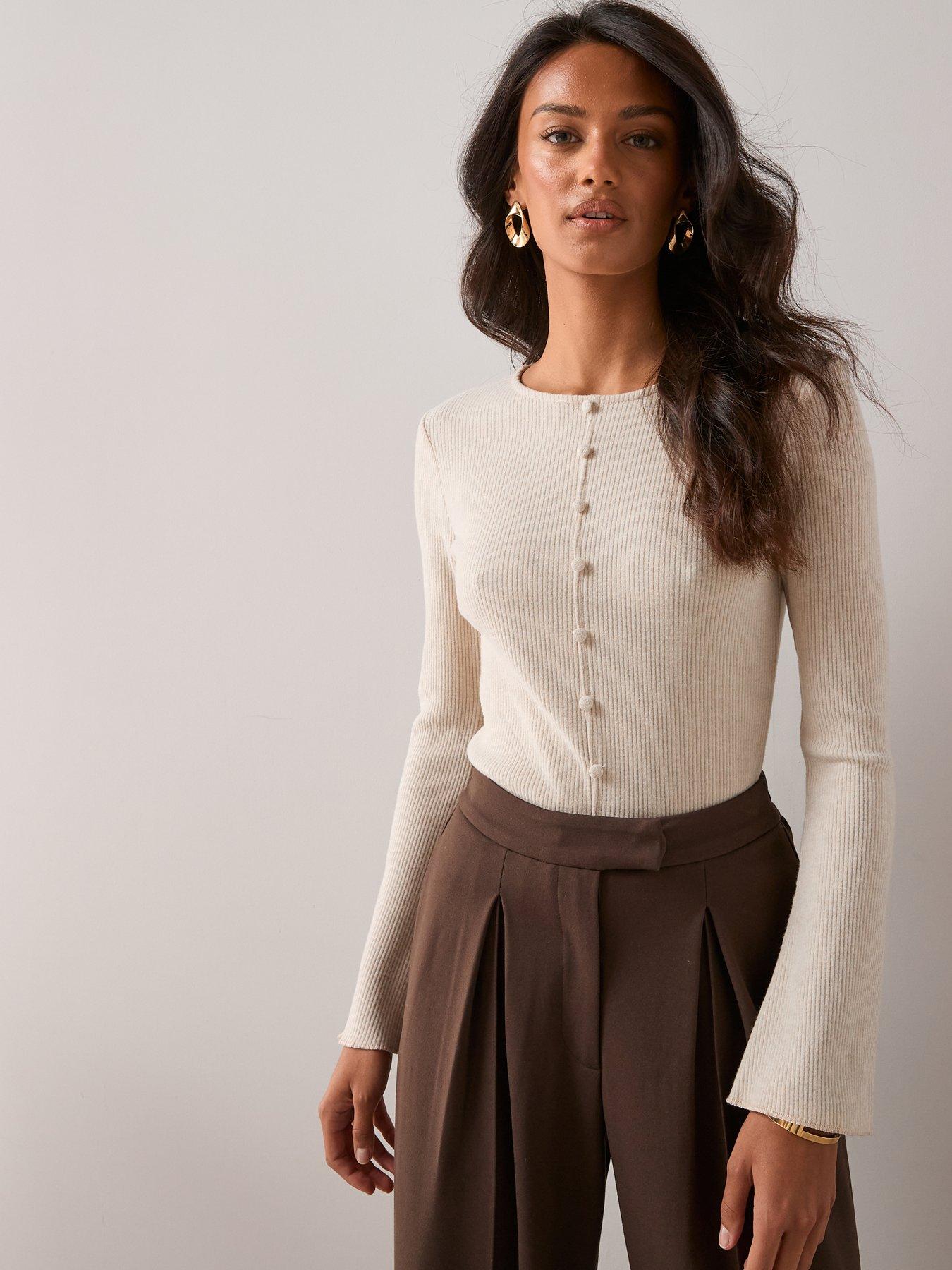 Image 6 of 7 of The Very Collection Flared Sleeve Ribbed Top - Cream