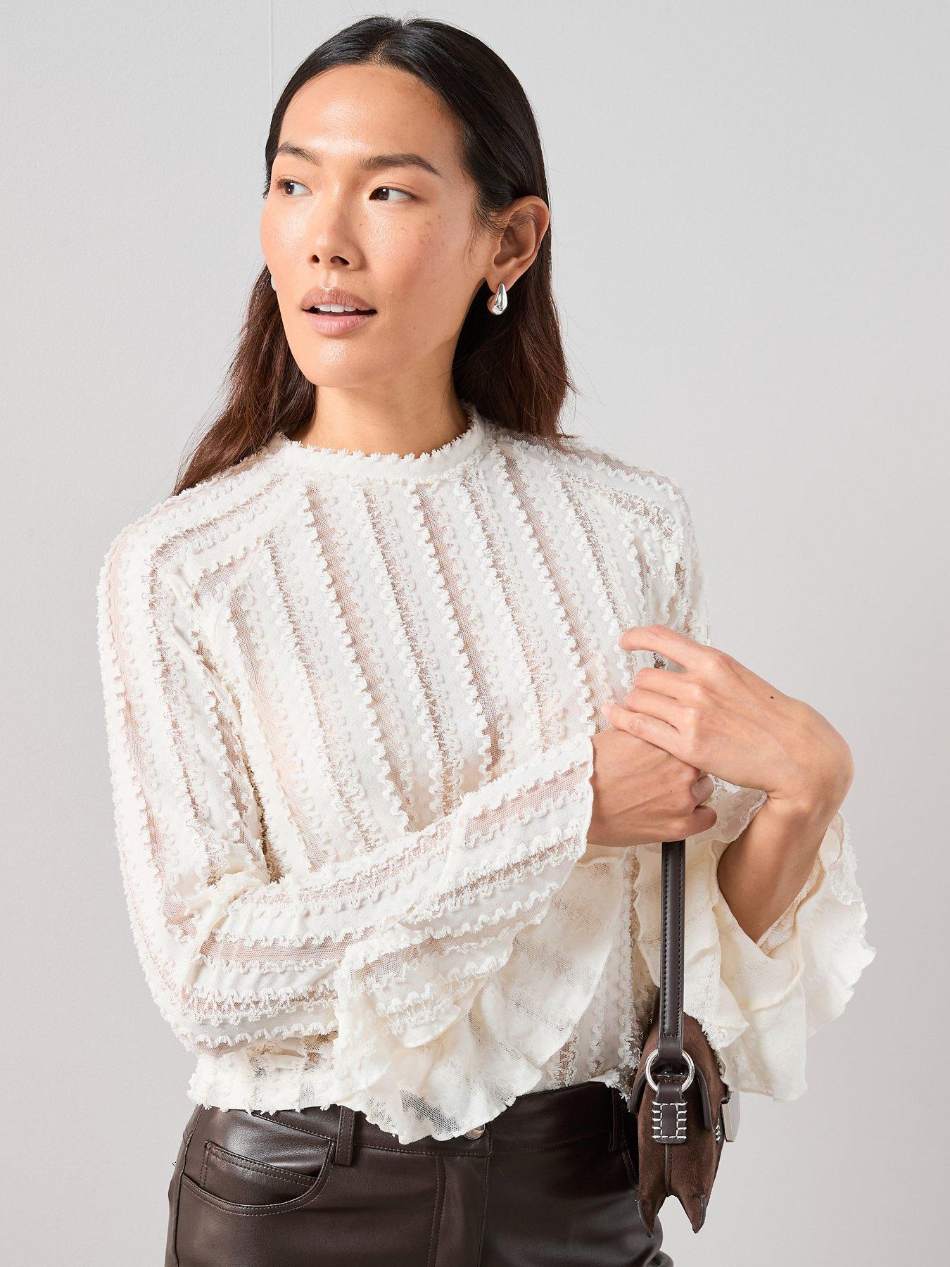  image of the-very-collection-ruffle-sleeve-lace-top-cream