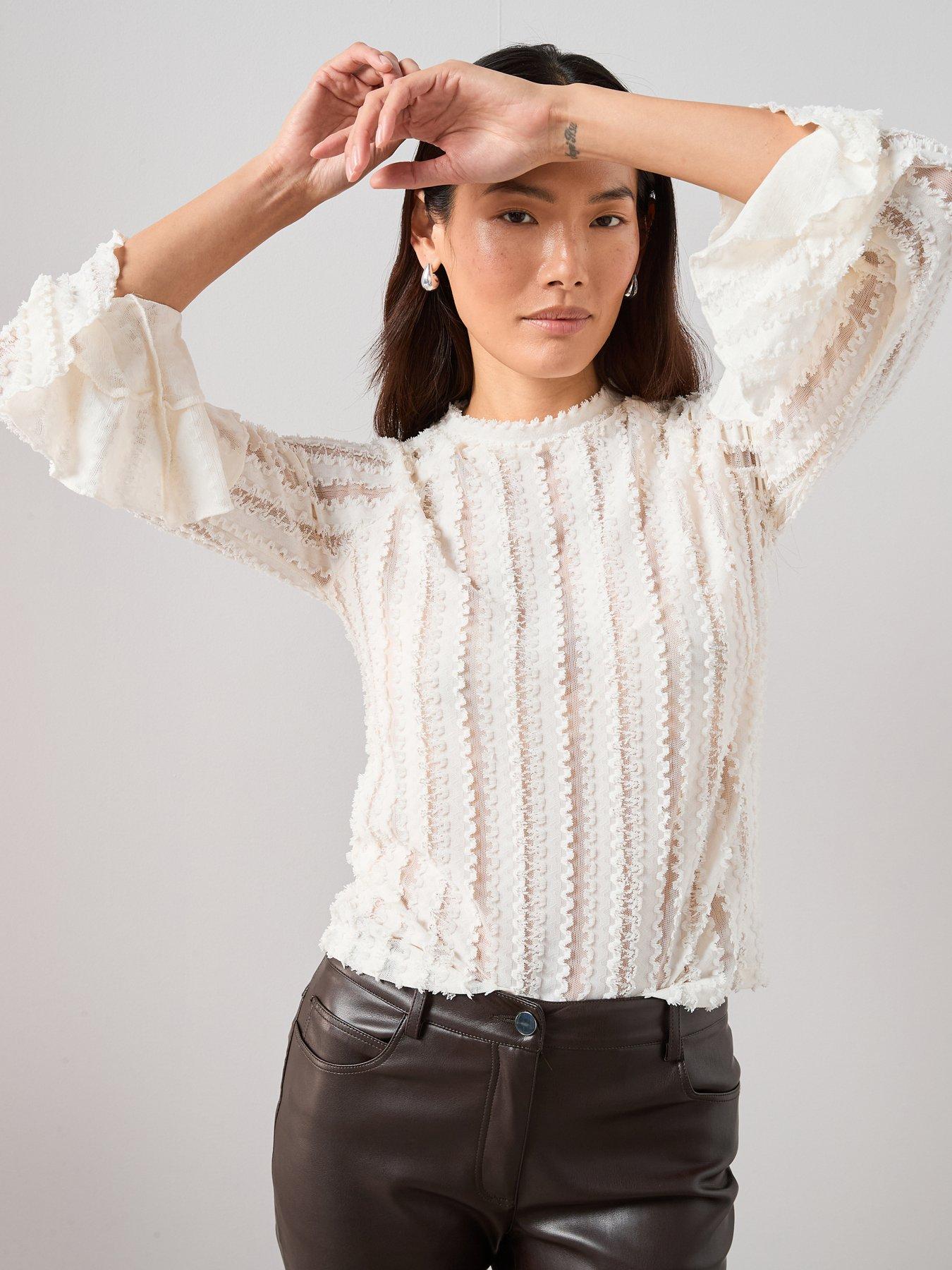  image of the-very-collection-ruffle-sleeve-lace-top-cream