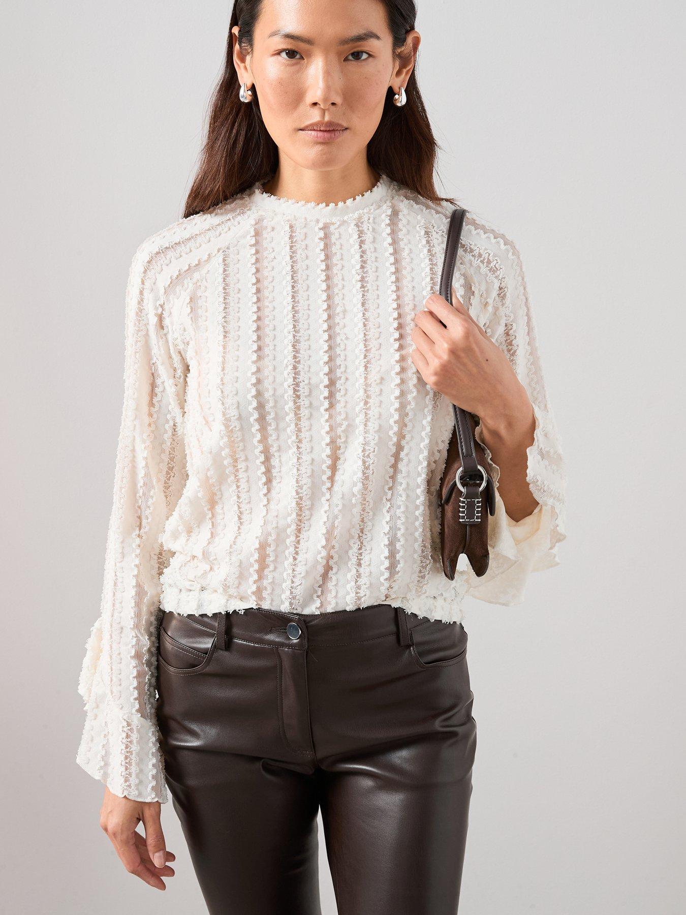  image of the-very-collection-ruffle-sleeve-lace-top-cream