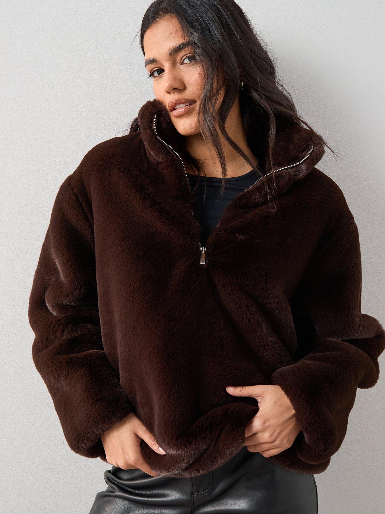 front image of the-very-collection-brown-faux-fur-jacket