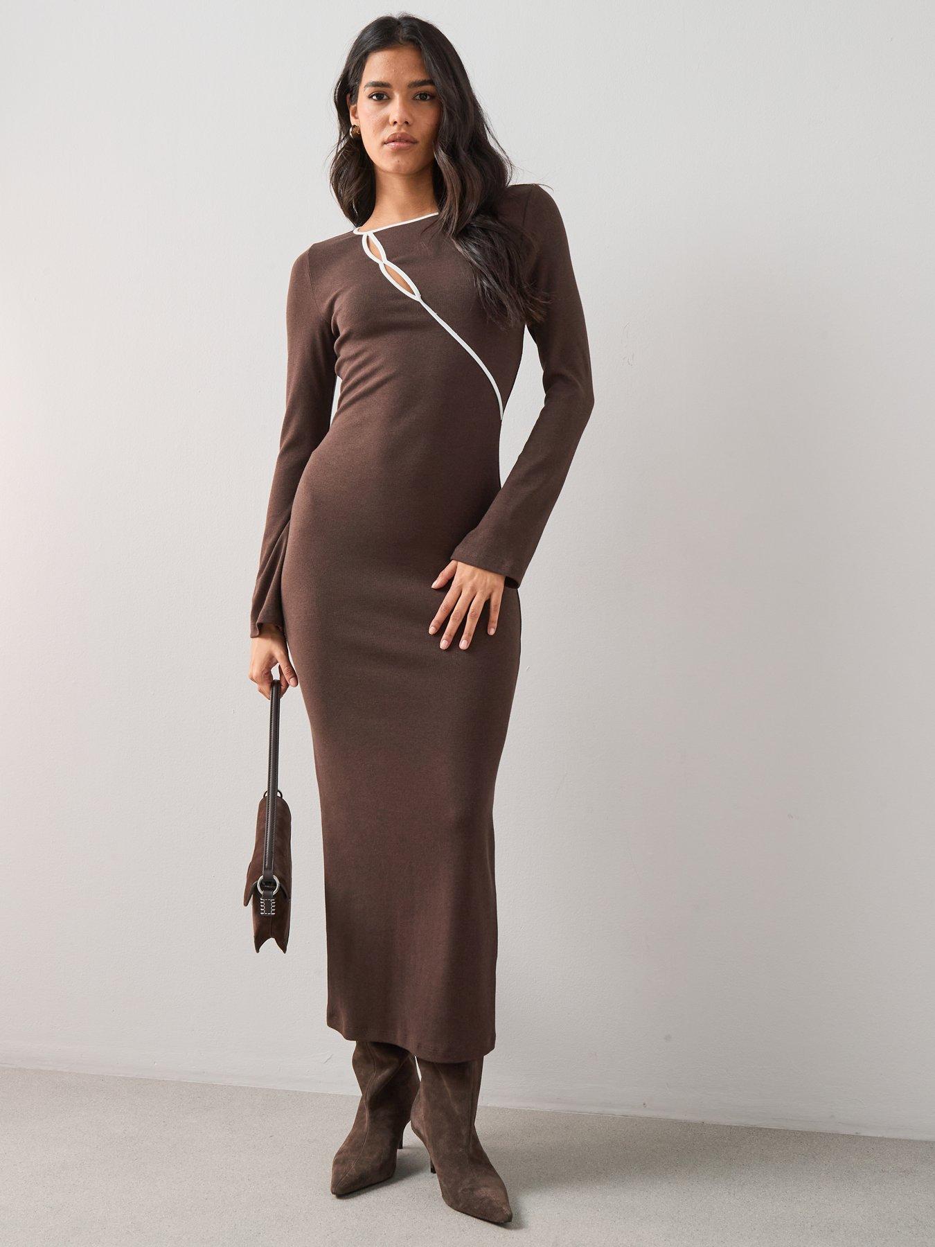 Image 1 of 7 of The Very Collection Long Sleeve Rib Cut Out Jersey Maxi Dress - Brown