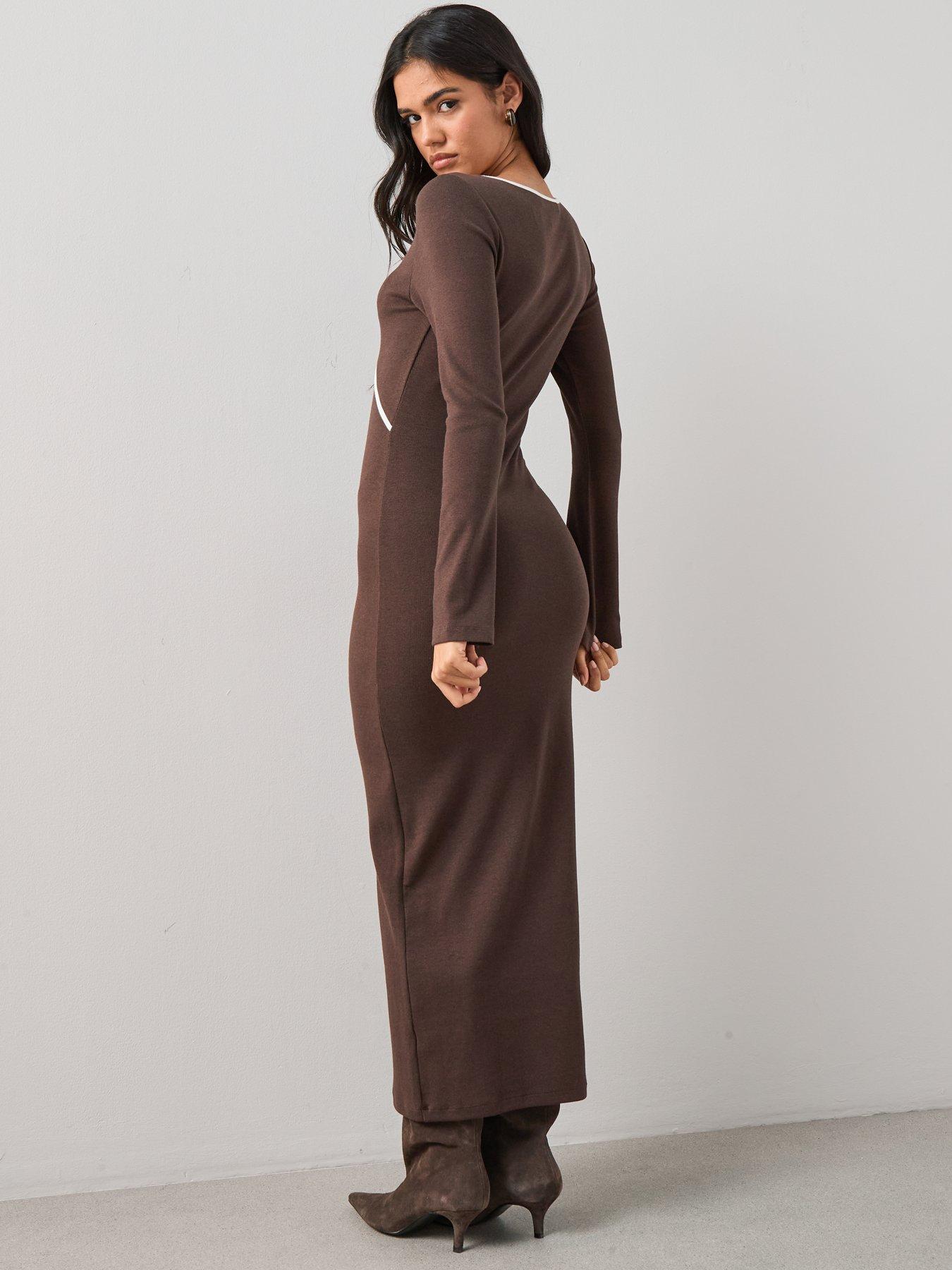 Image 2 of 7 of The Very Collection Long Sleeve Rib Cut Out Jersey Maxi Dress - Brown