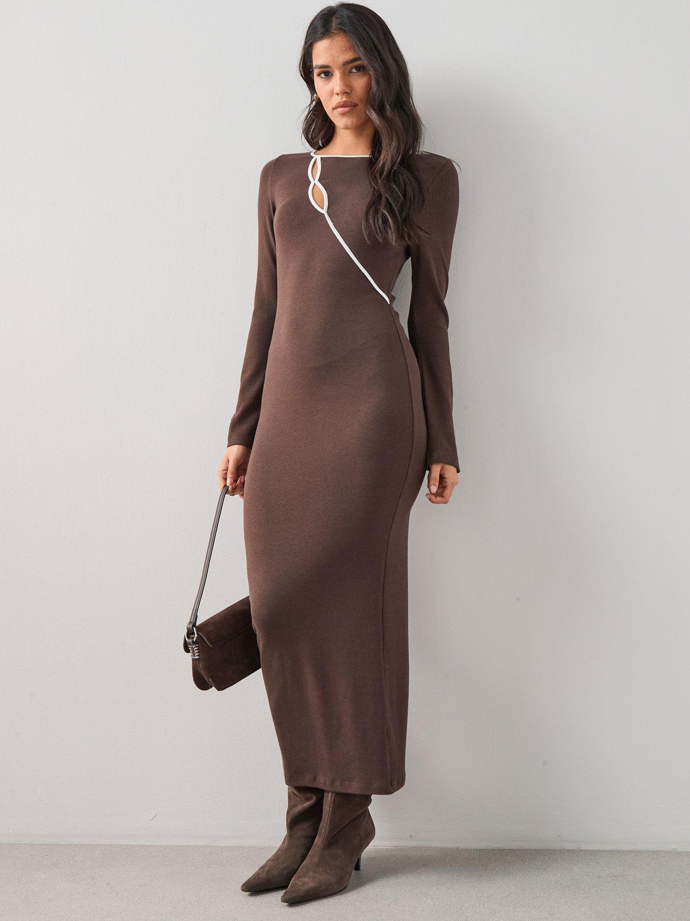 Image 3 of 7 of The Very Collection Long Sleeve Rib Cut Out Jersey Maxi Dress - Brown