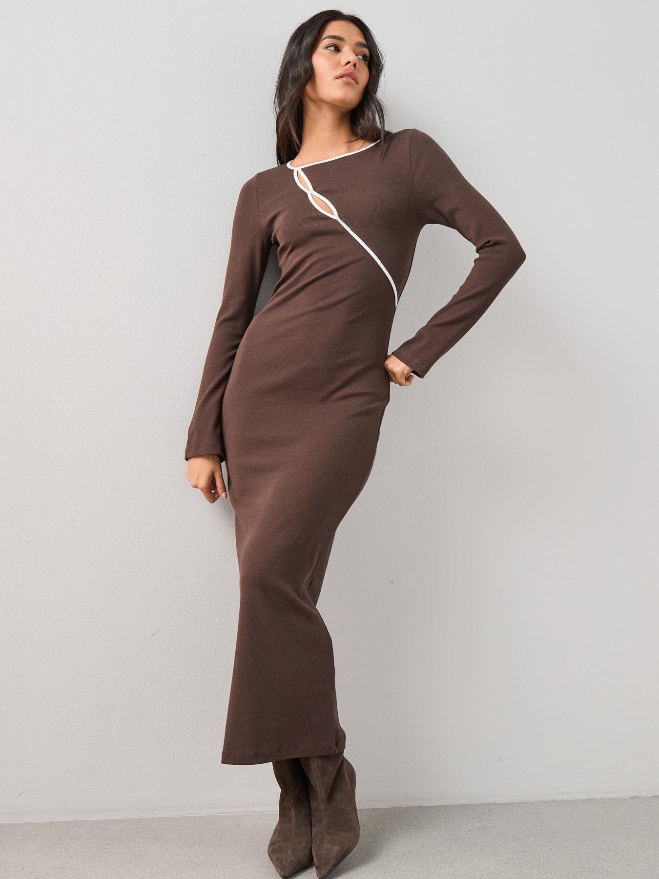 Image 5 of 7 of The Very Collection Long Sleeve Rib Cut Out Jersey Maxi Dress - Brown