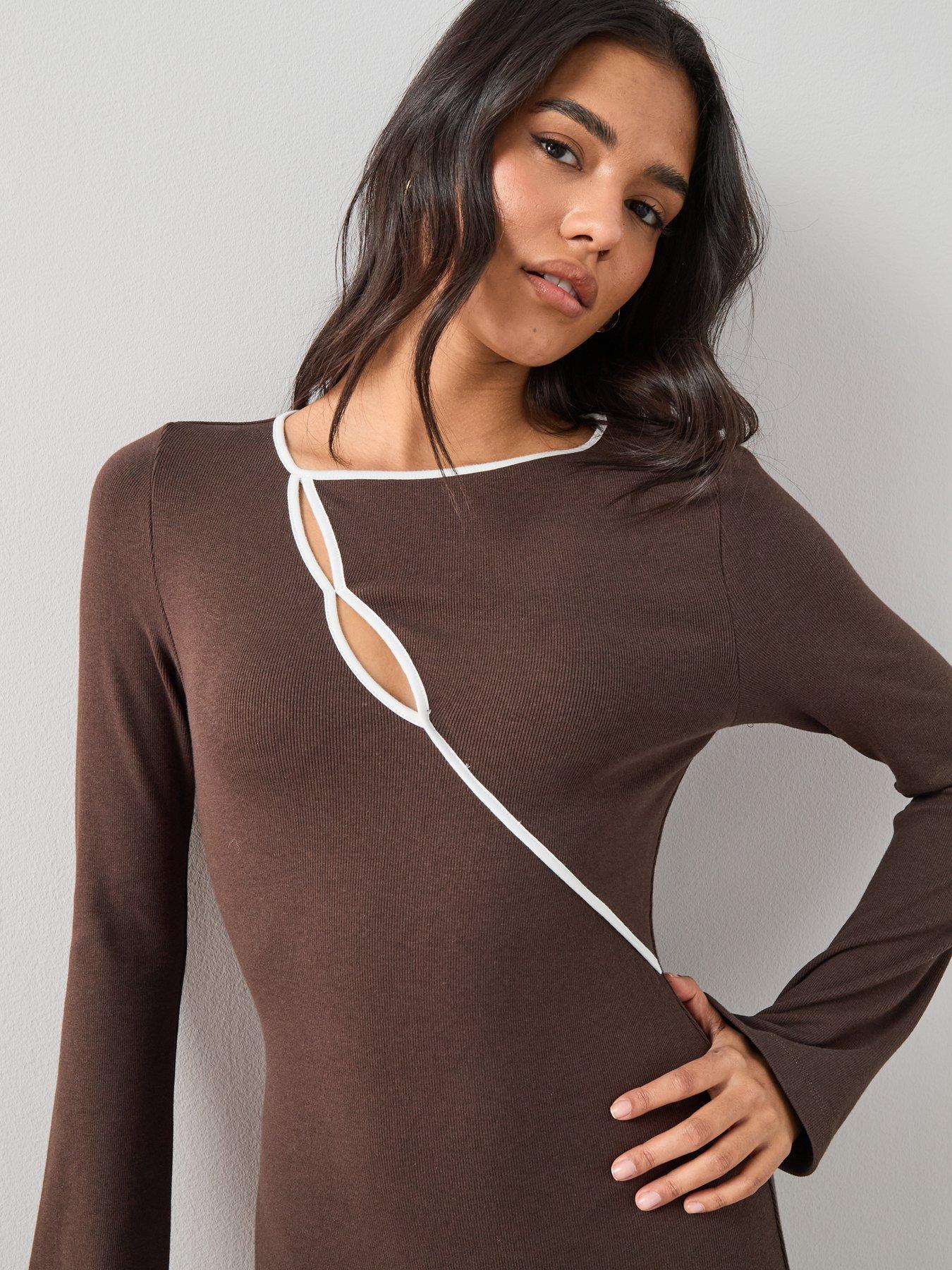 Image 6 of 7 of The Very Collection Long Sleeve Rib Cut Out Jersey Maxi Dress - Brown