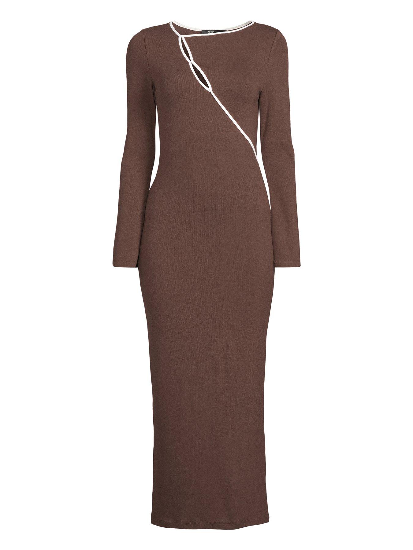 Image 7 of 7 of The Very Collection Long Sleeve Rib Cut Out Jersey Maxi Dress - Brown