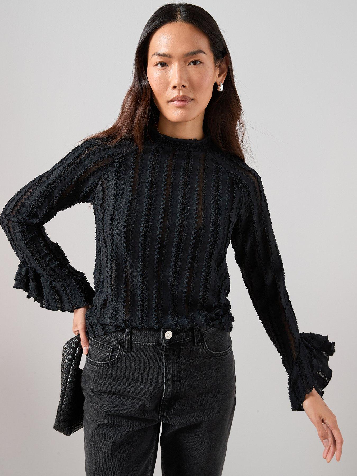 front image of the-very-collection-ruffle-sleeve-lace-top-black
