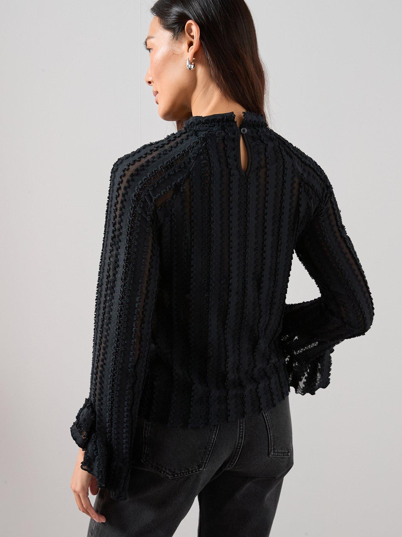 stillFront image of the-very-collection-ruffle-sleeve-lace-top-black