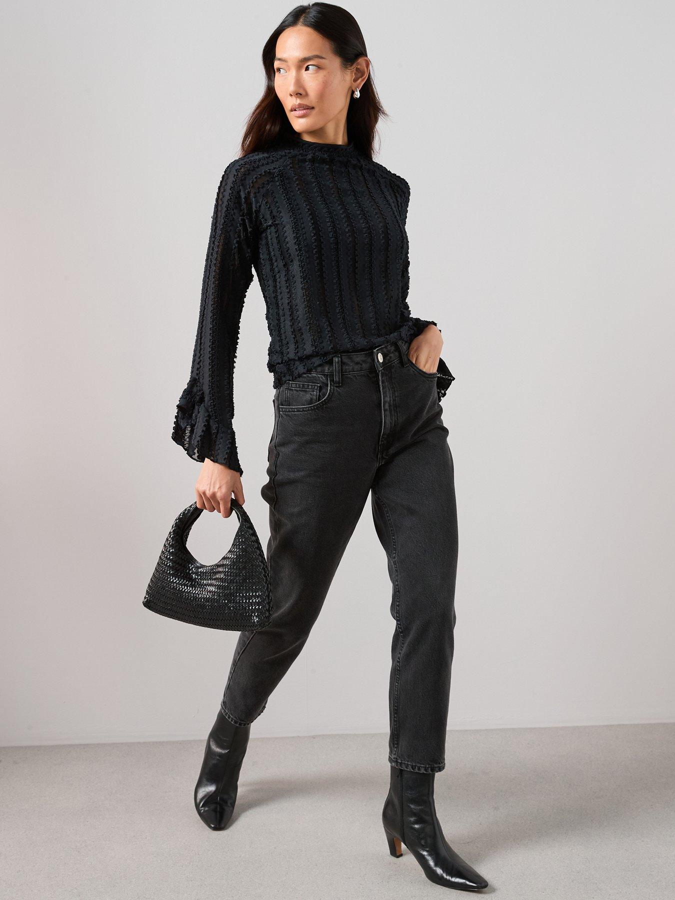  image of the-very-collection-ruffle-sleeve-lace-top-black