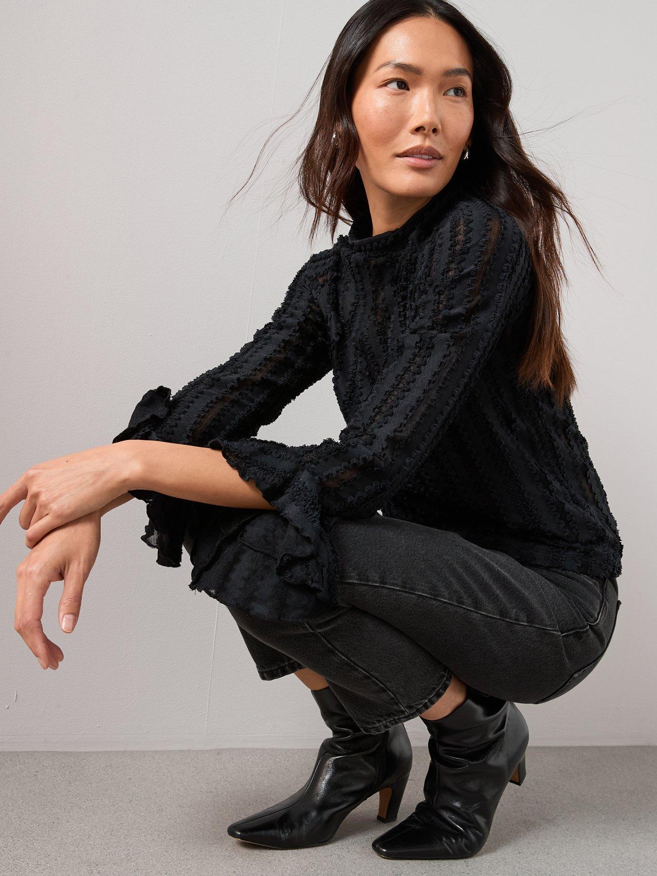  image of the-very-collection-ruffle-sleeve-lace-top-black
