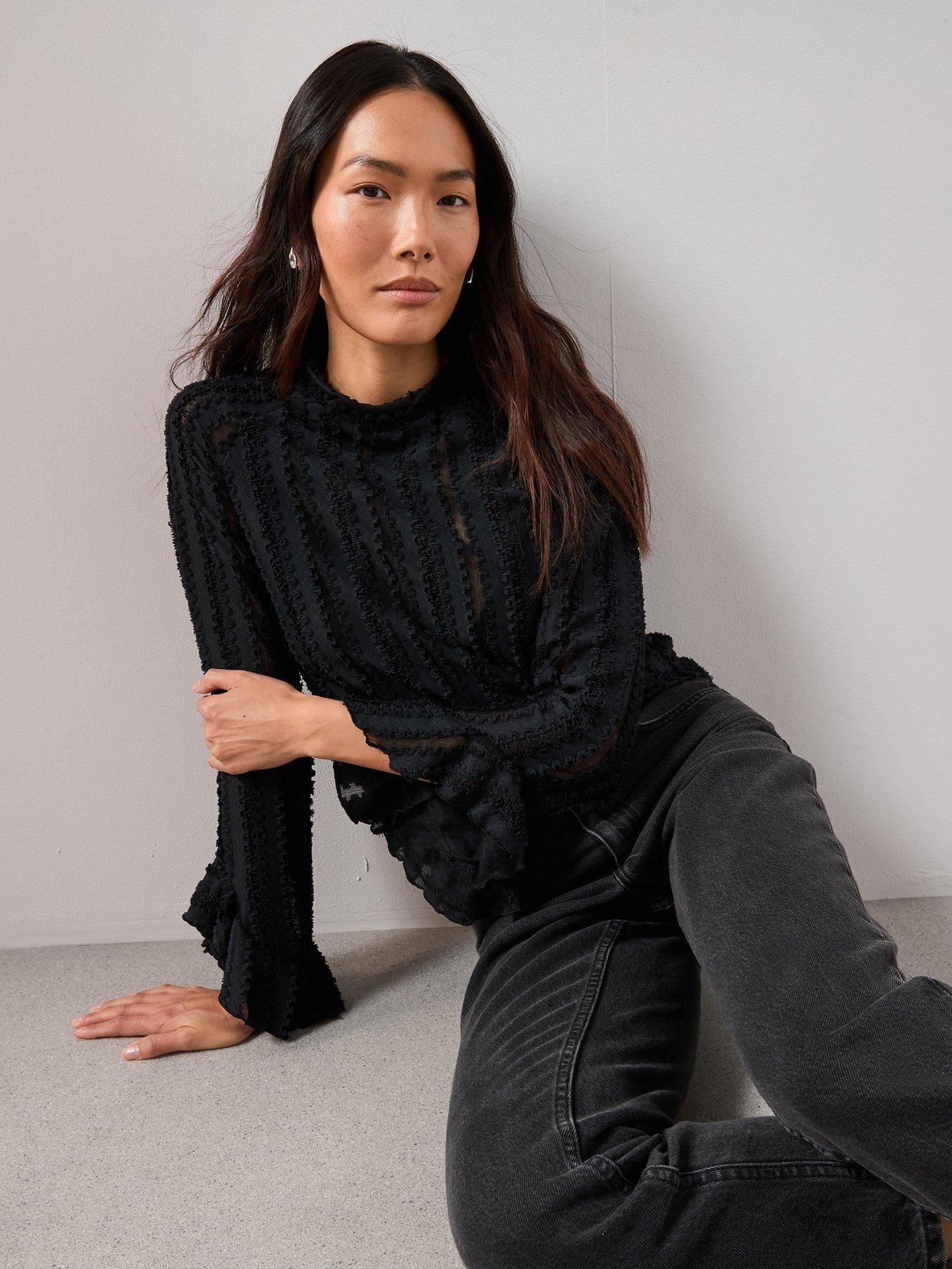  image of the-very-collection-ruffle-sleeve-lace-top-black