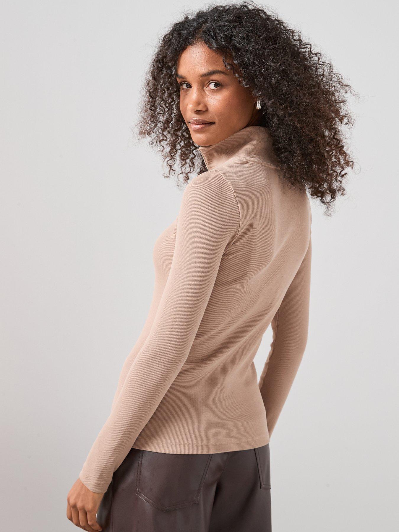 stillFront image of the-very-collection-ribbed-half-zip-top-brown