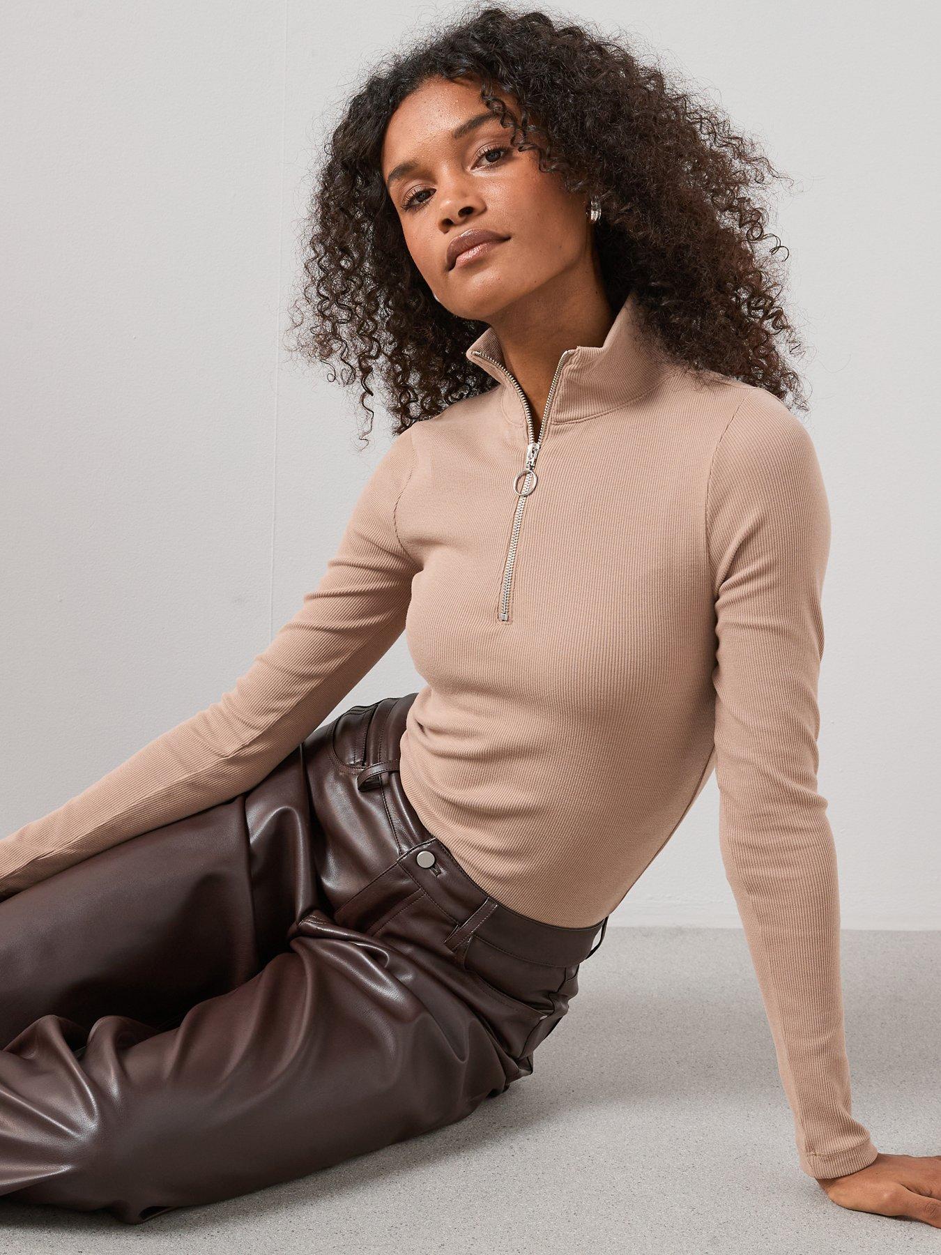  image of the-very-collection-ribbed-half-zip-top-brown