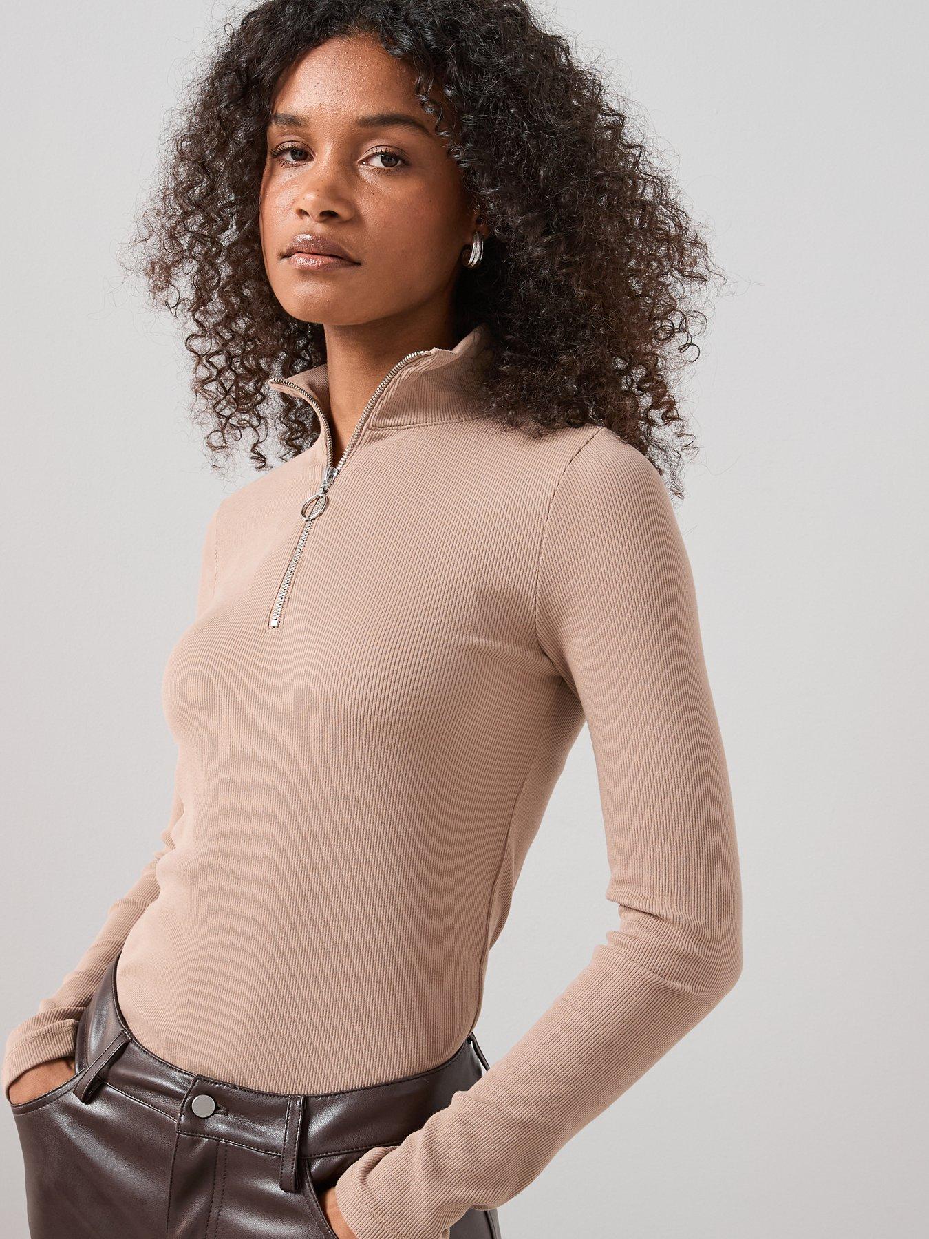  image of the-very-collection-ribbed-half-zip-top-brown